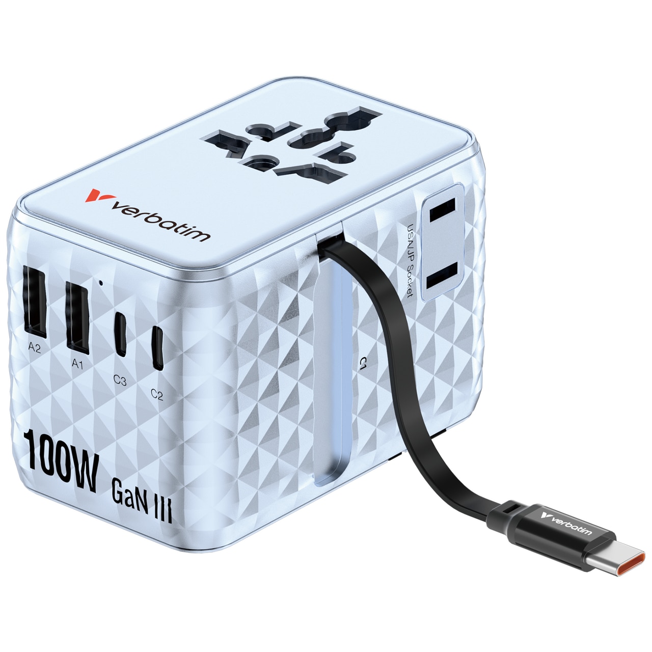 Fotografie Adaptor calatorie Verbatim GaN,100W,cablu retractabil USB-C PD 3.0 QC4+ pana la 100W/USB-A pana la 12W, bleu