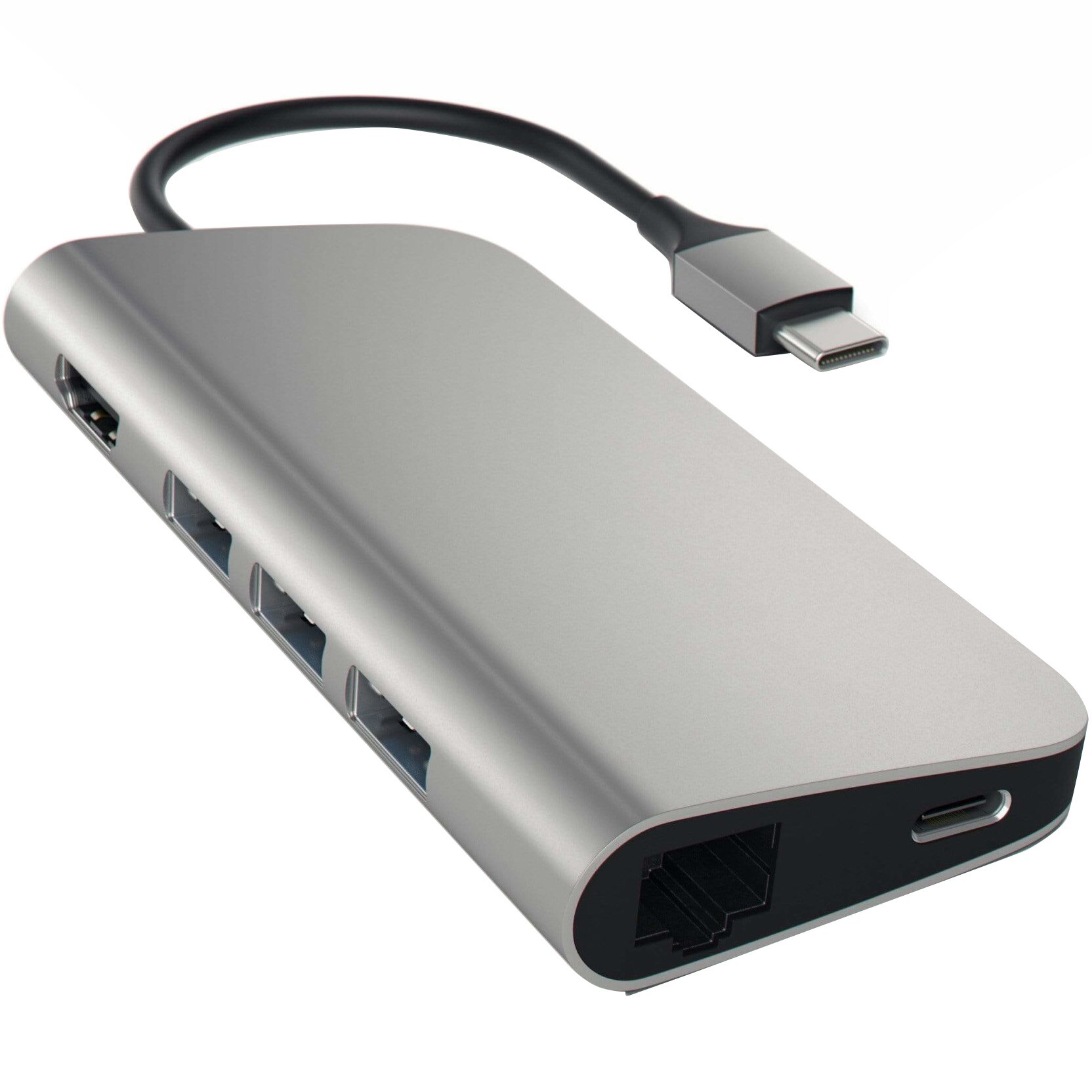 Fotografie Adaptor Hub USB-C Satechi din aluminiu HDMI 4K, 3x USB 3.0, MicroSD, Ethernet, Gri spatial