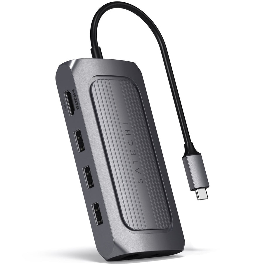Fotografie Adaptor multiport USB-4 Satechi Satechi 8K HDMI 1x8K HDMI/30Hz, USB-C PD 100W, Ethernet, 2xUSB-A 3.2, 1xUSB-A 2.0, Micro/SD, 3.5mm audio, Gri spatial