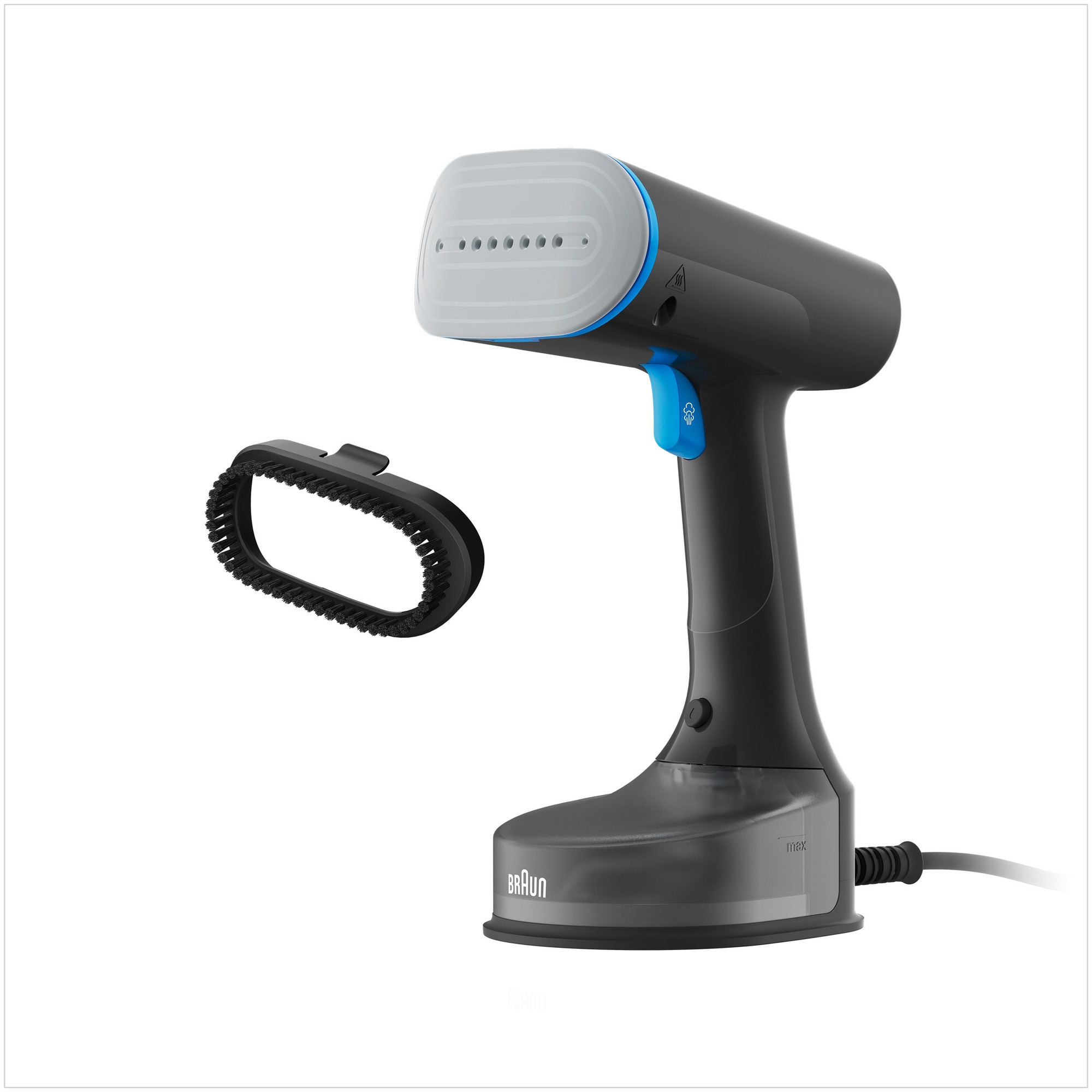Fotografie Aparat de calcat vertical cu abur Braun GS5031BL 0X13810101, 1200W, abur variabil 25 g/min, rezervor detasabil 150 ml, talpa Dual FreeGlide 3D, incalzire rapida 45 sec, perie pentru tesaturi groase, Albastru