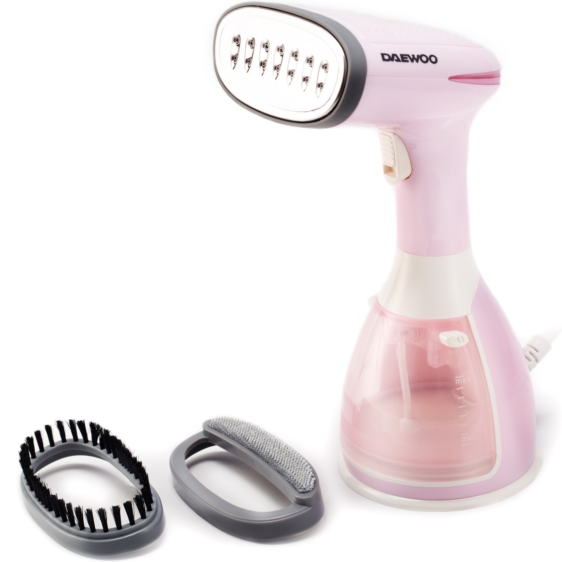 Fotografie Aparat de calcat vertical cu abur Daewoo DGS1500PK, 1500 W, 280 ml, Abur 60 gr/min, Alb/Roz