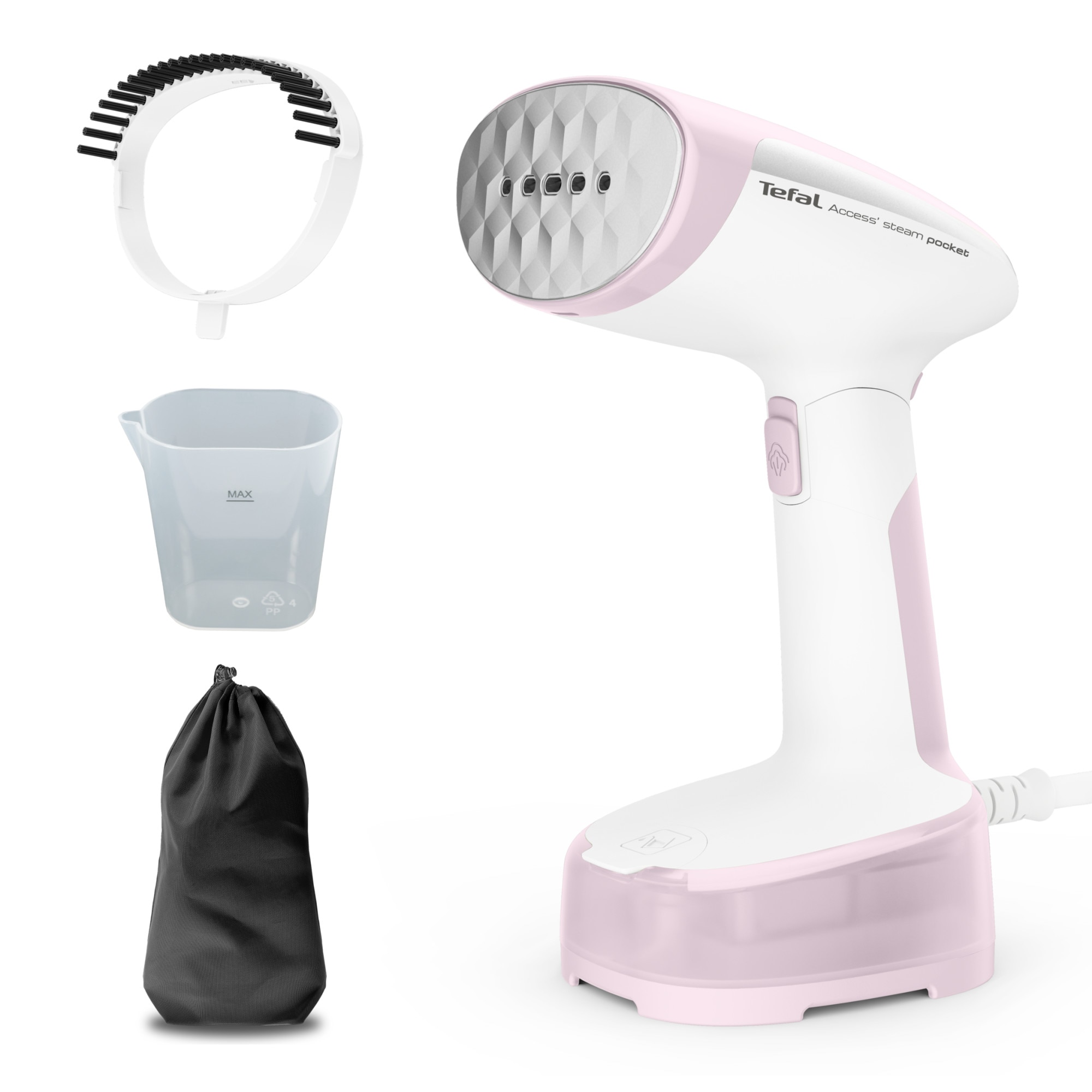 Fotografie Aparat de calcat vertical cu abur Tefal Access Steam Pocket DT3050E1, 1300 W, abur variabil 20 g/min, Oprire automata, husa pentru transport, alb & roz