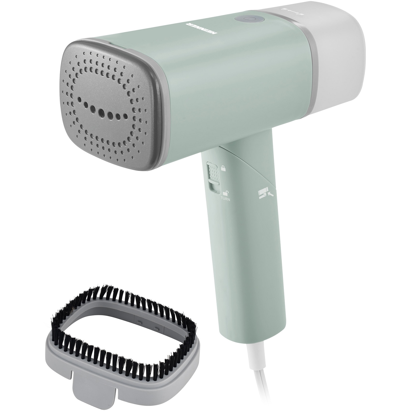Fotografie Aparat de calcat vertical Heinner Venus HGS-1500GR, 1300-1500W, talpa ceramica, abur continuu cu buton blocare, rezervor apa detasabil, maner pliabil, perie inclusa, oprire automata, debit abur 20+-4g/min, capacitate rezervor apa 140ml, verde