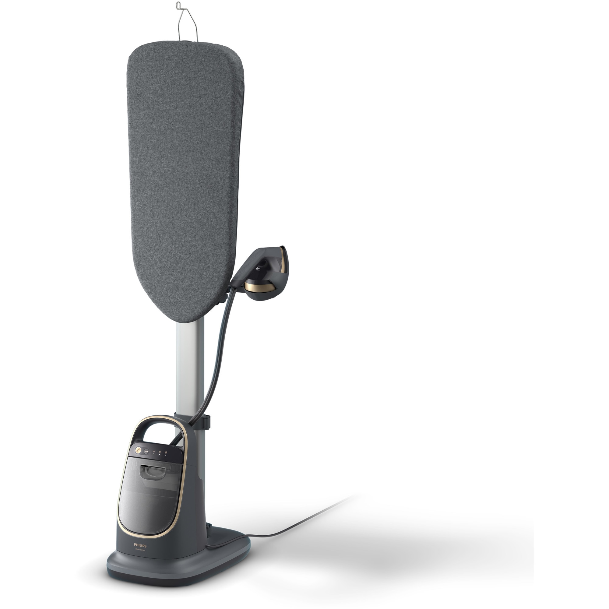 Fotografie Aparat de calcat vertical Philips all-in-one Seria 8500, 2200W, debit de abur continuu de 90g/min, 6 bari, 2 setari pentru intensitatea aburului (Eco si Max), rezervor de apa detasabil de 1.2L, optimalTEMP, placa de calcat cu reglaj in mai multe unghiuri