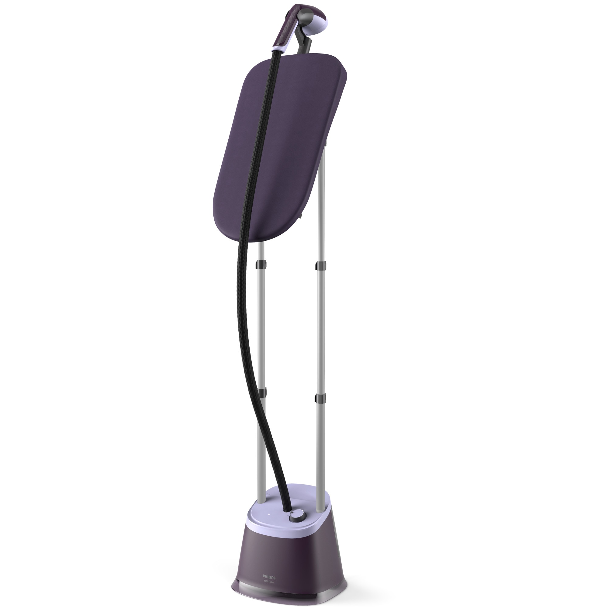 Fotografie Aparat de calcat vertical Philips cu abur cu picior (2 stalpi de sustinere), 2000W, capat cu placa de plastic, 3 setari pentru abur cu debit continuu de abur de 40g/min, placa StyleBoard ce poate fi folosita in pozitie verticala sau inclinata, violet
