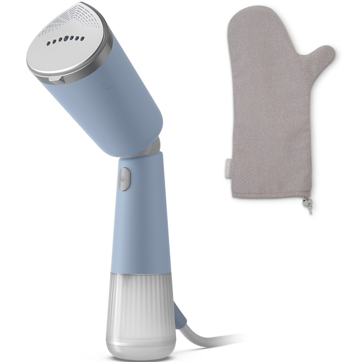 Fotografie Aparat de calcat vertical portabil Philips STH5020/20 Seria 5000 , 1300W, debit de abur 24 g/min, rezervor de apa 120 ml, talpa metalica, cap reglabil pentru calcare verticala si orizontala, saculet depozitare/ manusa (2in1), albastru deschis