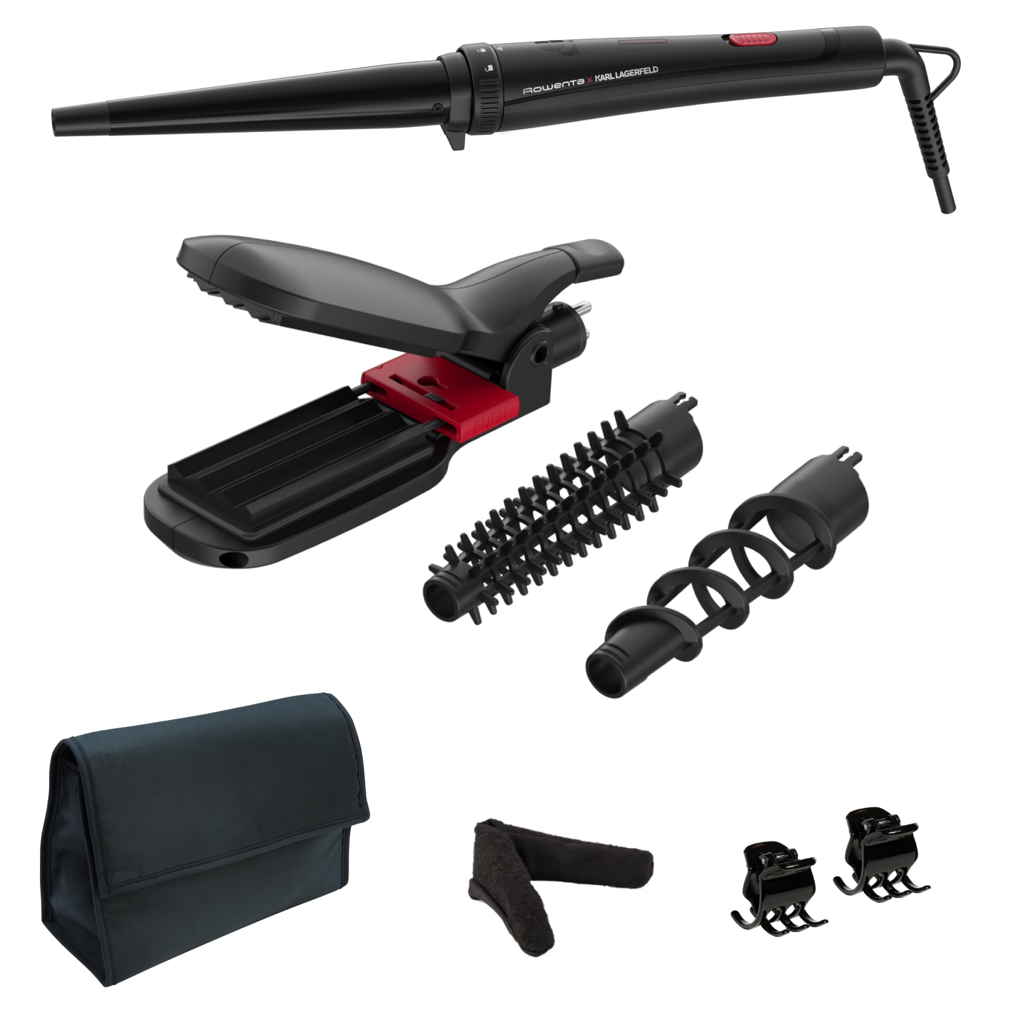 Fotografie Aparat de coafat Rowenta x Karl Lagerfeld Infinite Looks CF422LF0, 9 accesorii, invelis ceramic, placa 2 in 1 pentru creponat/indreptat, geanta pentru transport, manusa de protectie, 48 W, varf rece, negru/rosu