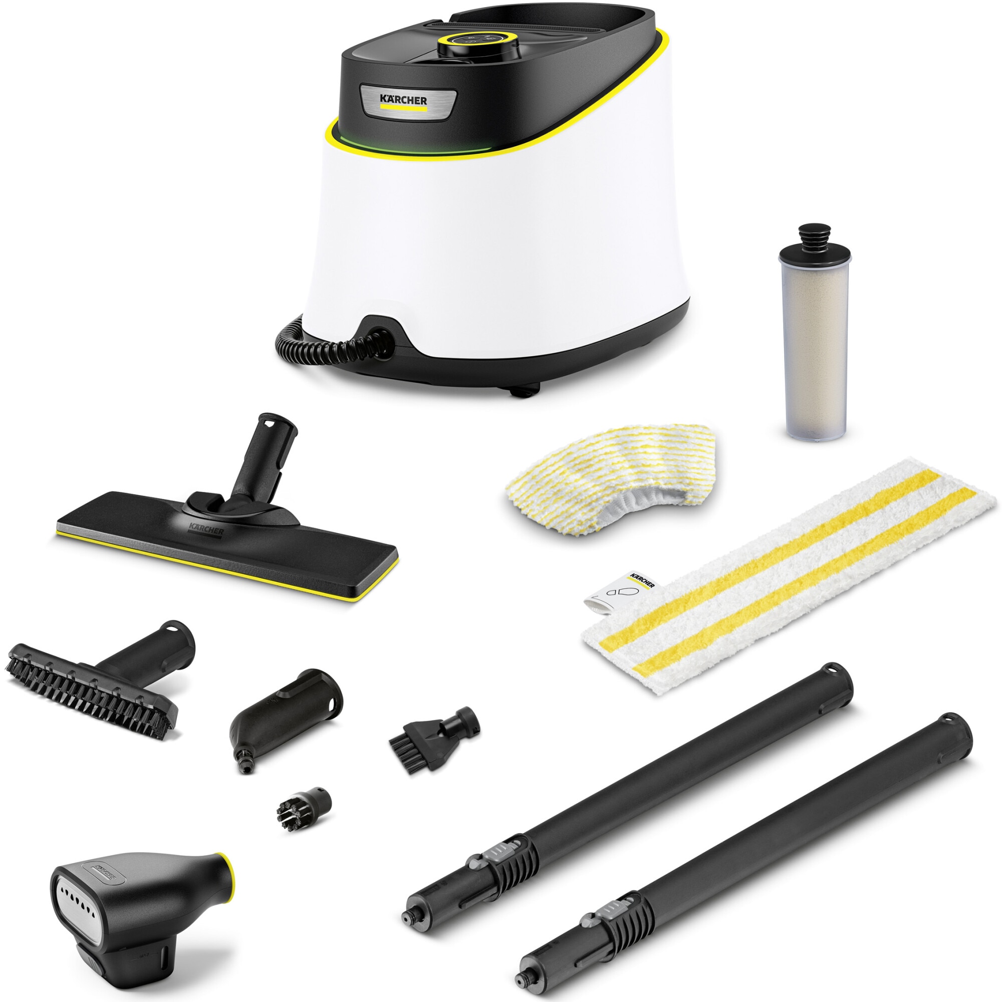 Fotografie Aparat de curatat cu abur multifunctional Karcher SC 3 Deluxe Textile Edition, 1900 W, 3.5 bar, rezervor 1 l, kit curatare podea, accesorii curatare suprafete multiple, accesoriu de calcat cu abur, cartus de decalcifiere, 1.513-435.0, alb