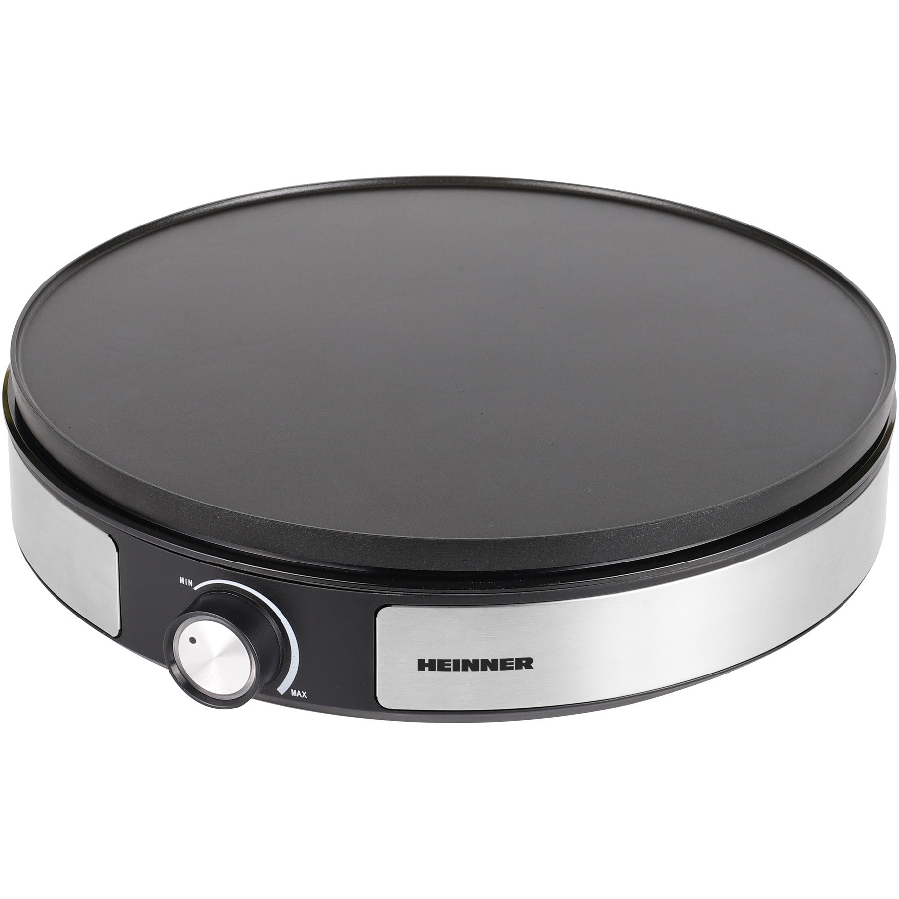 Fotografie Aparat de facut clatite 2 in 1 Heinner HCPM-F15RVSS, 1500W, placa reversibila, clatite normale sau in stil american, invelis antiaderent, buton control temperatura, indicatori luminosi de folosire, insertii Inox