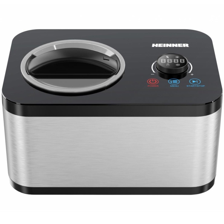 Fotografie Aparat de facut inghetata Heinner SweetFreeze HICM-DW154SSBK, 120 W, Capacitate: 1.5 l, Ecran LED, Timer, Control tactil si buton rotativ, Compresor incorporat, Functii: inghetata, iaurt, mixare, racire, bol inghetata detasabil, Negru/Inox