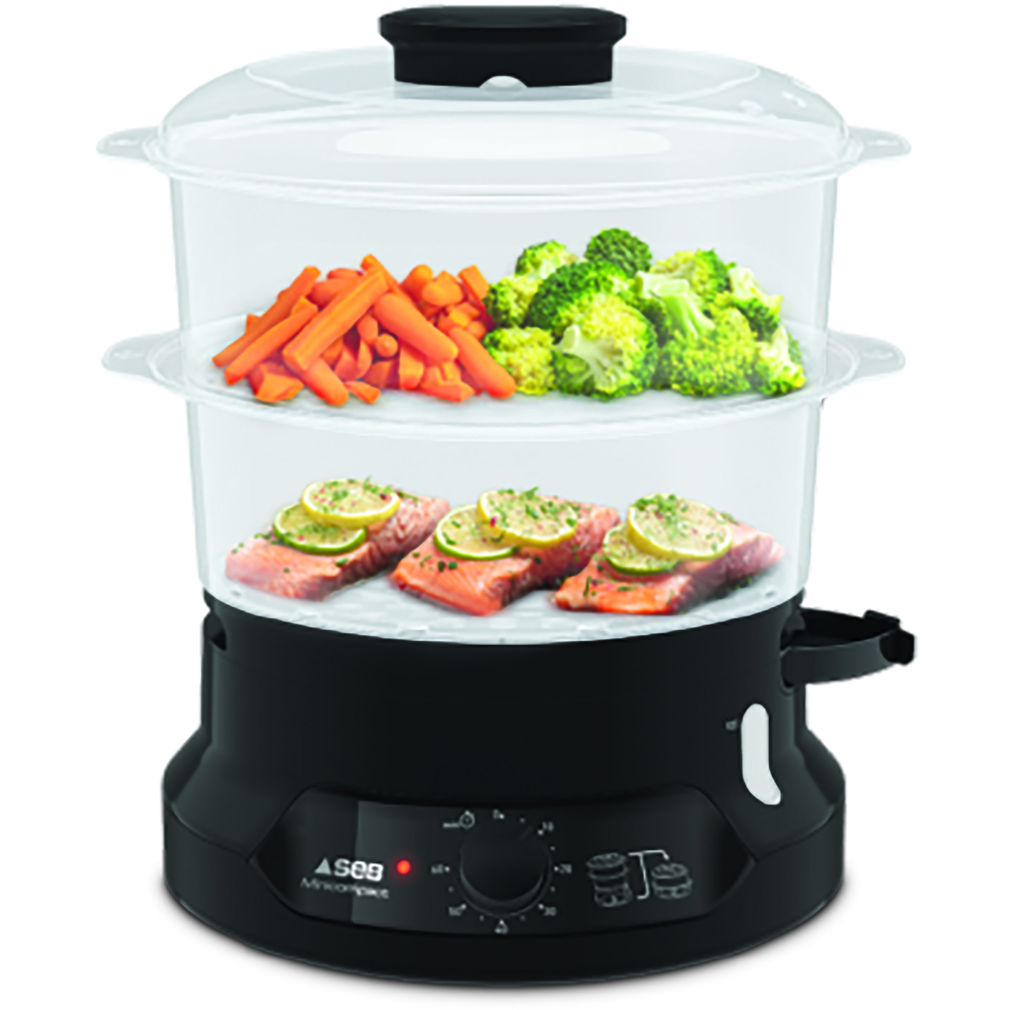Fotografie Aparat de gatit cu aburi Tefal MiniCompact VC139810,800W, 6L, preparare 2 retete simultan, 2 compartimente, timer 60 min, indicator nivel apa, negru