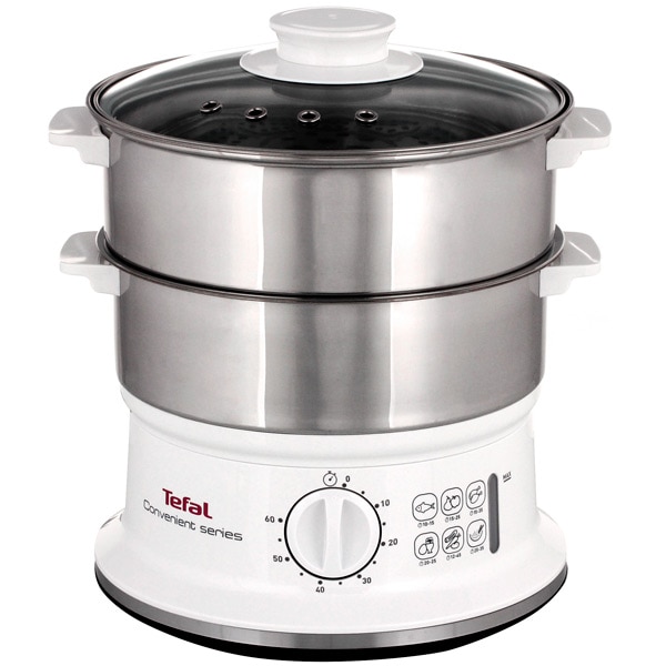 Fotografie Aparat de gatit cu aburi Tefal VC145130, 900W, 6 L, timer de 60 de minute cu oprire automata, compatibil cu masina de spalat vase, nivel de apa vizibil, accesoriu pentru orez, alb/inox