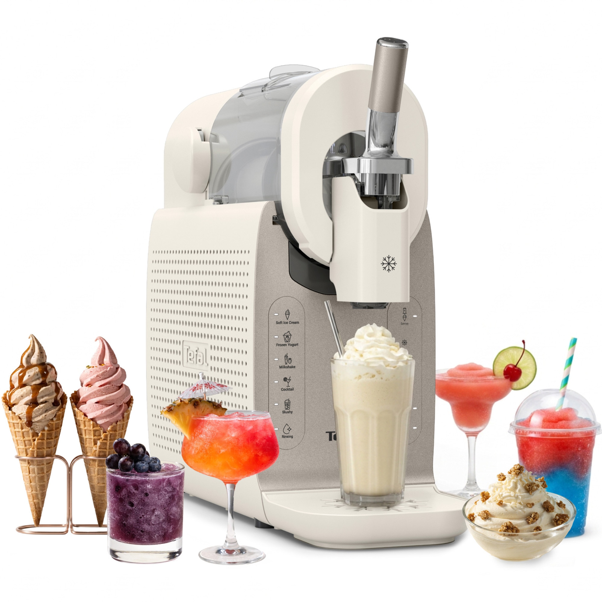 Fotografie Aparat de inghetata Tefal Freezi IG801AE0, 200 W, 2 L, 5 programe automate, 16 preparate presetate, tehnologie Ultra Quiet, pentru inghetata soft, slushi, sorbet si cocktailuri, set pentru servire inclus, crem