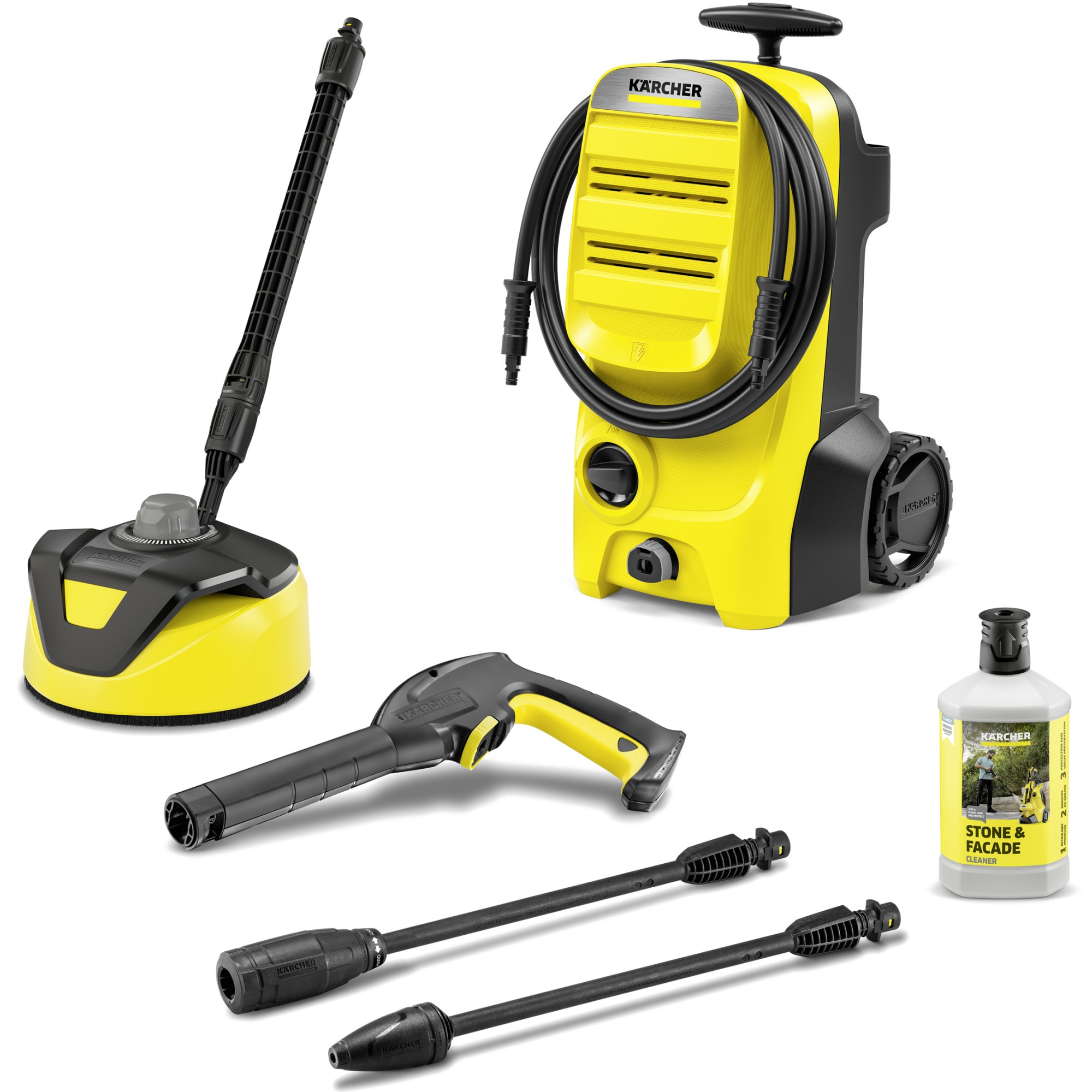 Fotografie Aparat de spalat cu presiune Karcher K 4 Classic Home EU, 1800 W,motor universal, 130 bar, 420 l/h debit maxim, furtun presiune 6 m, pistol G 120 Q,contine Home Kit: T 5 de curatat suprafete, detergent piatra si fatade 3 in 1, 1 l,