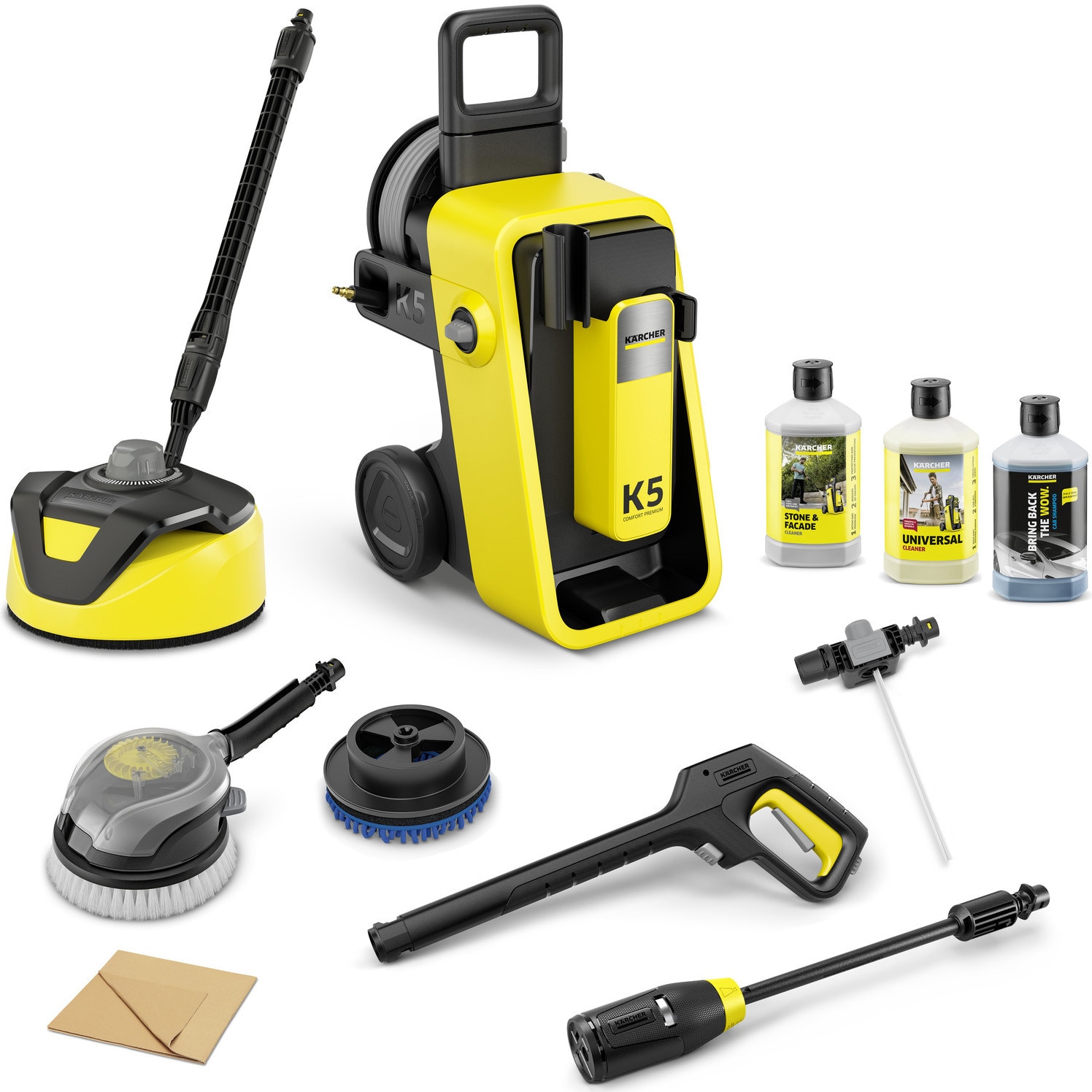 Fotografie Aparat de spalat cu presiune Karcher K 5 Comfort Premium Car & Home, putere 2100 W, presiune maxim 145 bar, debit maxim 500 l/h, lance 4 in 1 Multi Jet, furtun presiune 10 m, contine: Set pentru casa + Set curatare auto + detergent