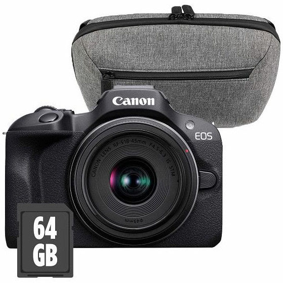 Fotografie Aparat foto Mirrorless Canon EOS R100 + Obiectiv RF-S 18-45mm f/4.5-6.3 IS STM + Canon Carry Bag + 64GB SD Card, Travel Kit