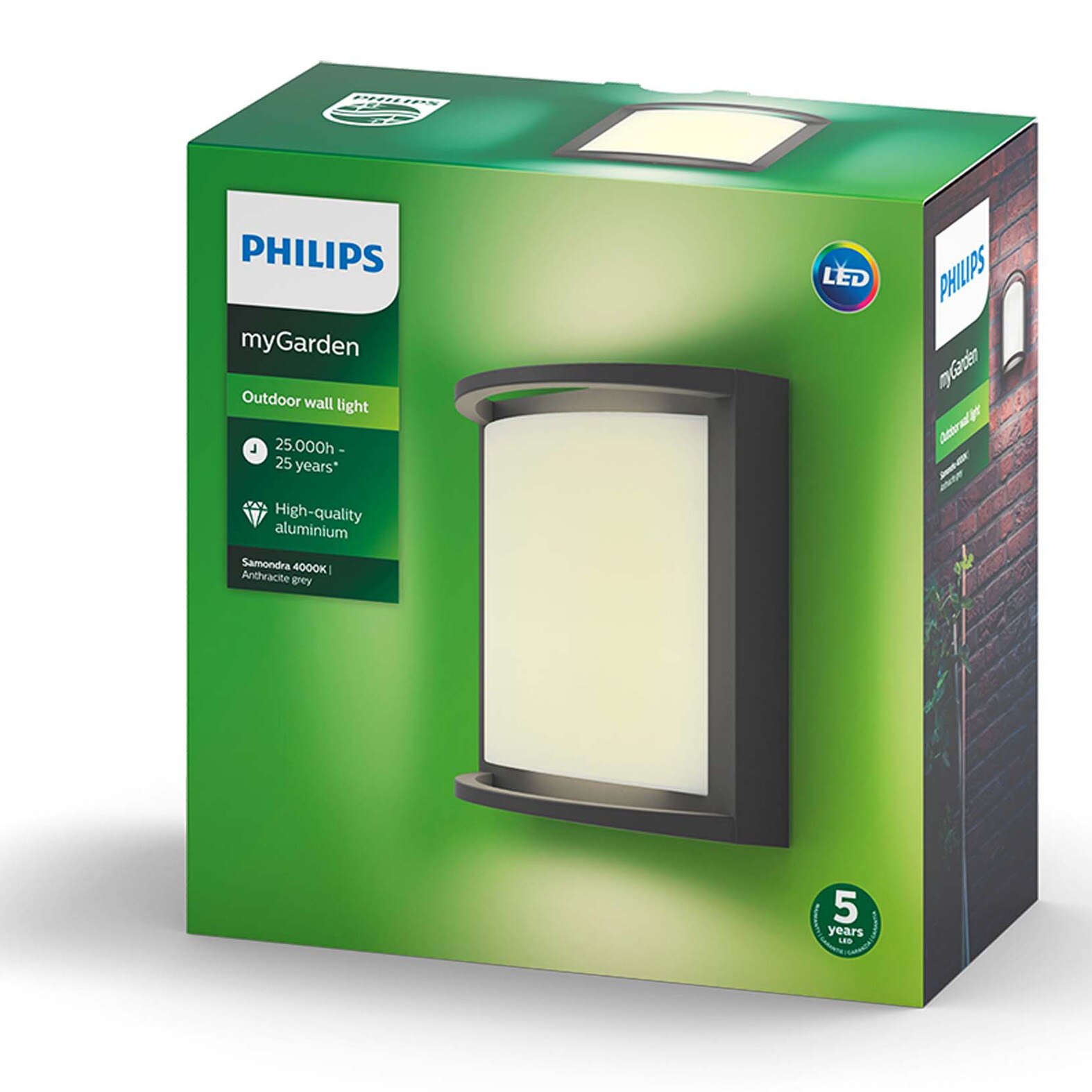 Fotografie Aplica LED pentru exterior Philips Samondra, 12W (83W), 1200 lm, lumina alba rece (4000K), IP44, 19x19x9cm, Aluminiu, Antracit, clasa energetica F