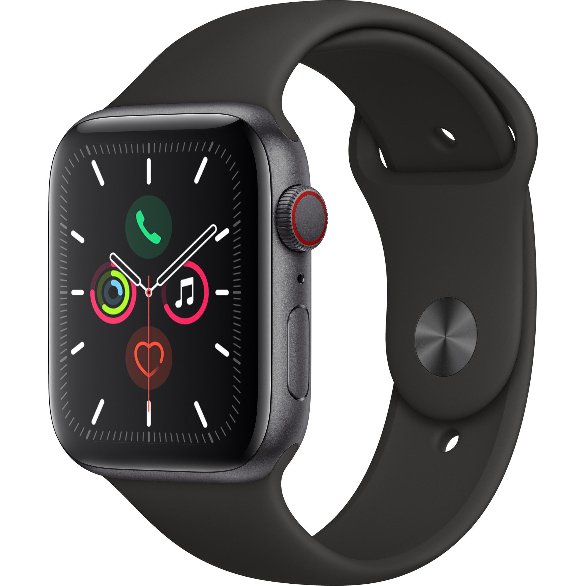 Fotografie Apple Watch 5, GPS, Cellular, Carcasa Space Grey Aluminium 44mm, Black Sport Band - S/M & M/L