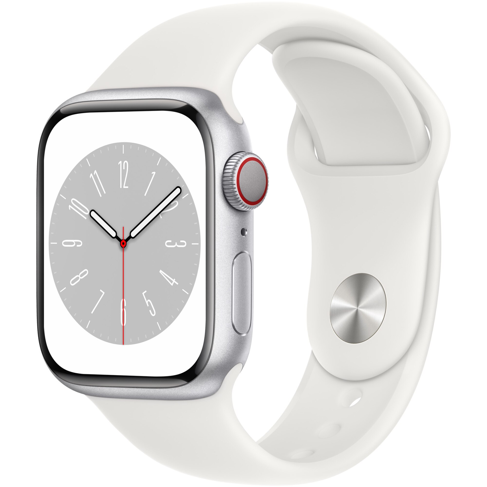 Fotografie Apple Watch 8, GPS, Cellular, Carcasa Silver Aluminium 41mm, White Sport Band