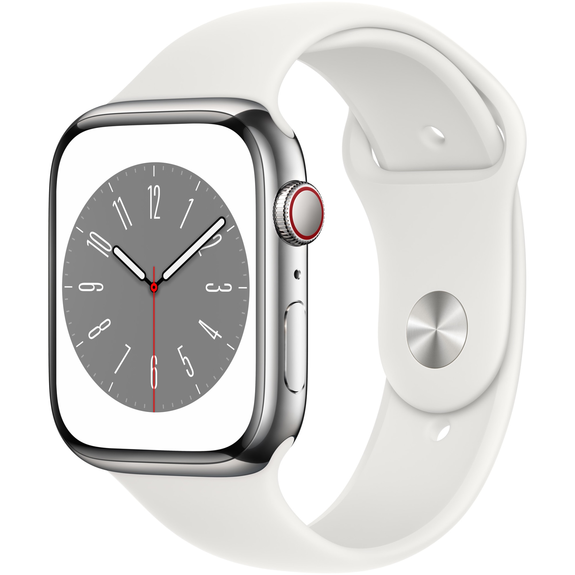 Fotografie Apple Watch 8, GPS, Cellular, Carcasa Silver Stainless Steel 45mm, White Sport Band