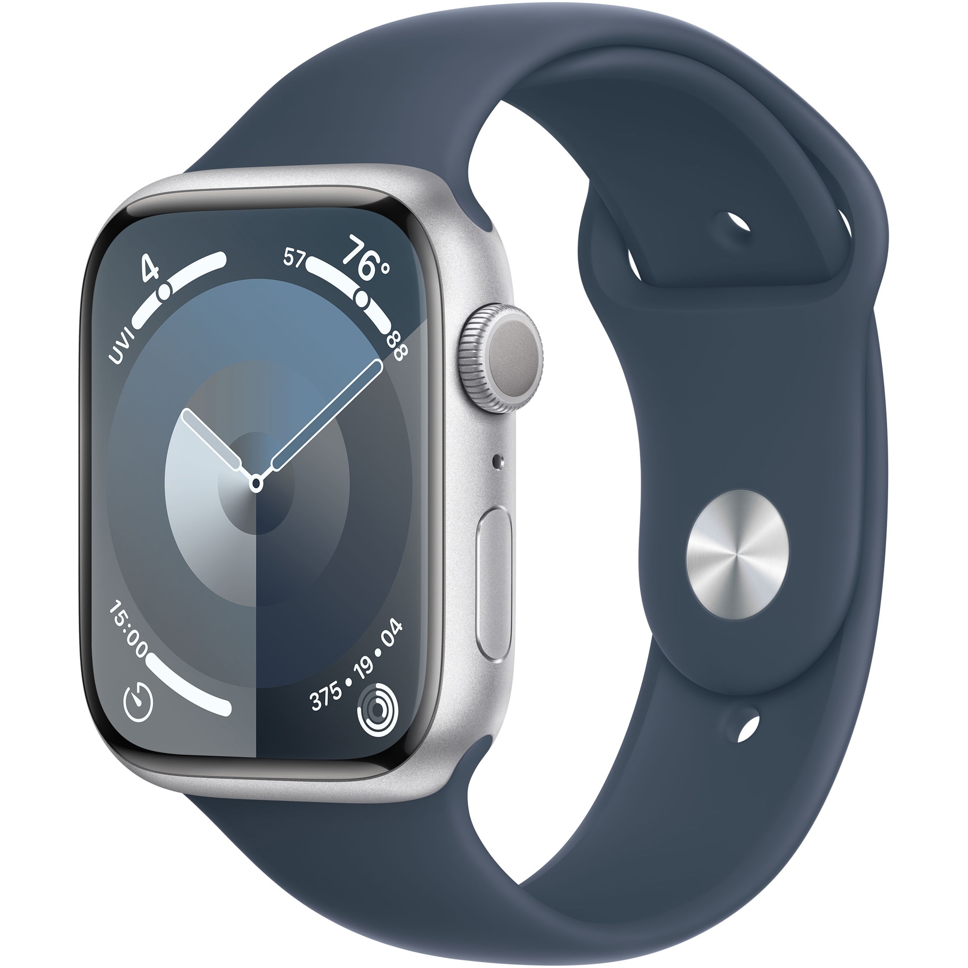 Fotografie Apple Watch 9, GPS, Carcasa Silver Aluminium 45mm, Storm Blue Sport Band - M/L