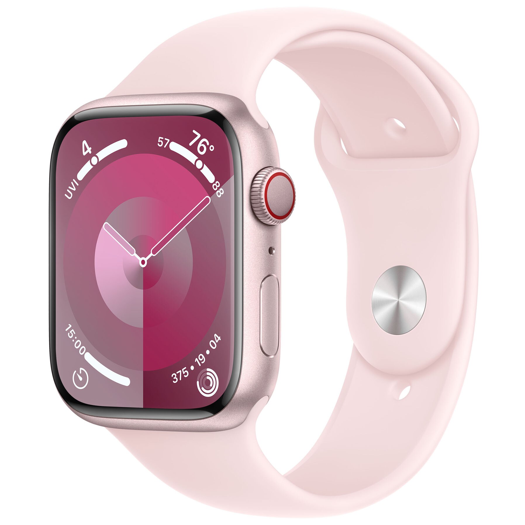 Fotografie Apple Watch 9, GPS, Cellular, Carcasa Pink Aluminium 45mm, Light Pink Sport Band - S/M