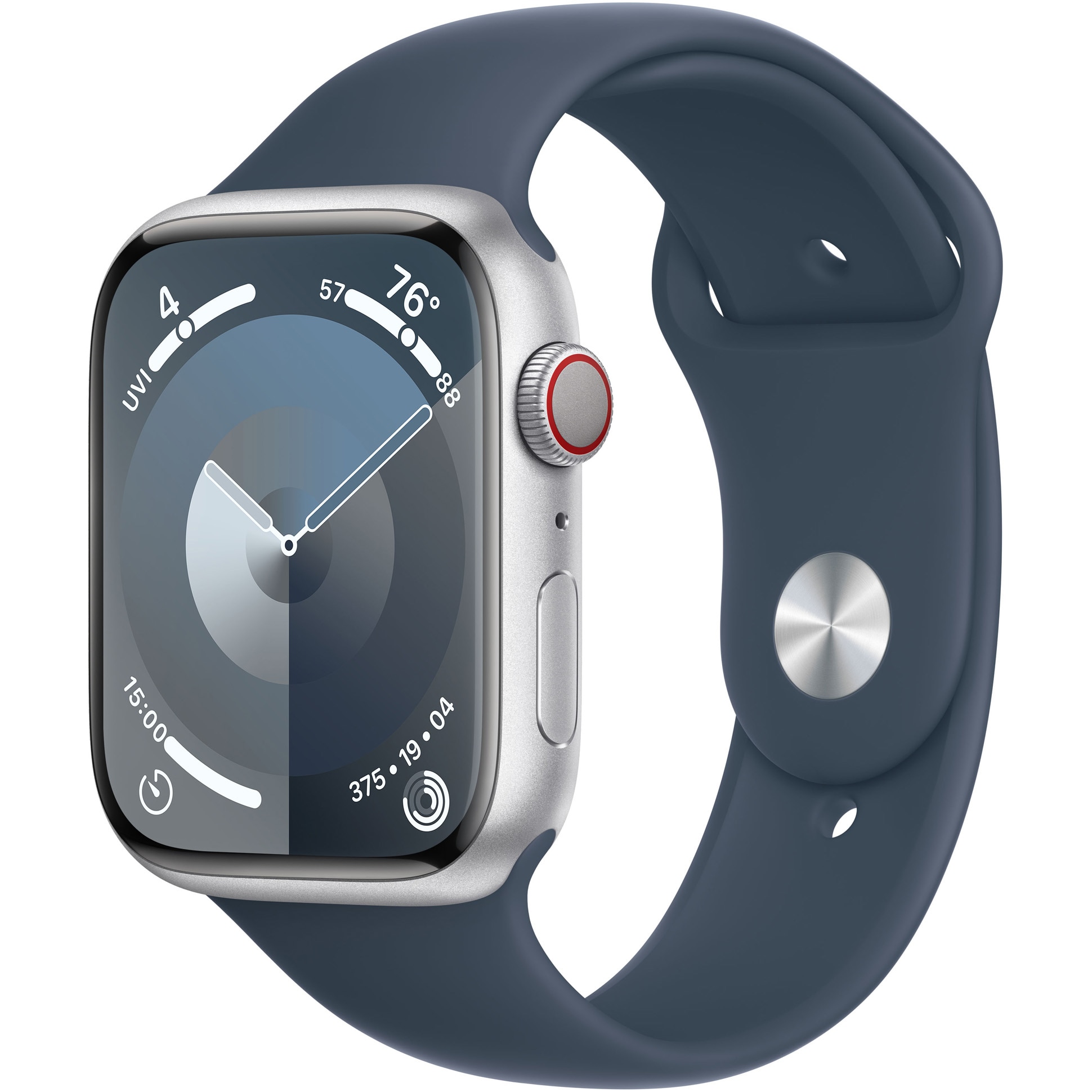 Fotografie Apple Watch 9, GPS, Cellular, Carcasa Silver Aluminium 45mm, Storm Blue Sport Band - S/M