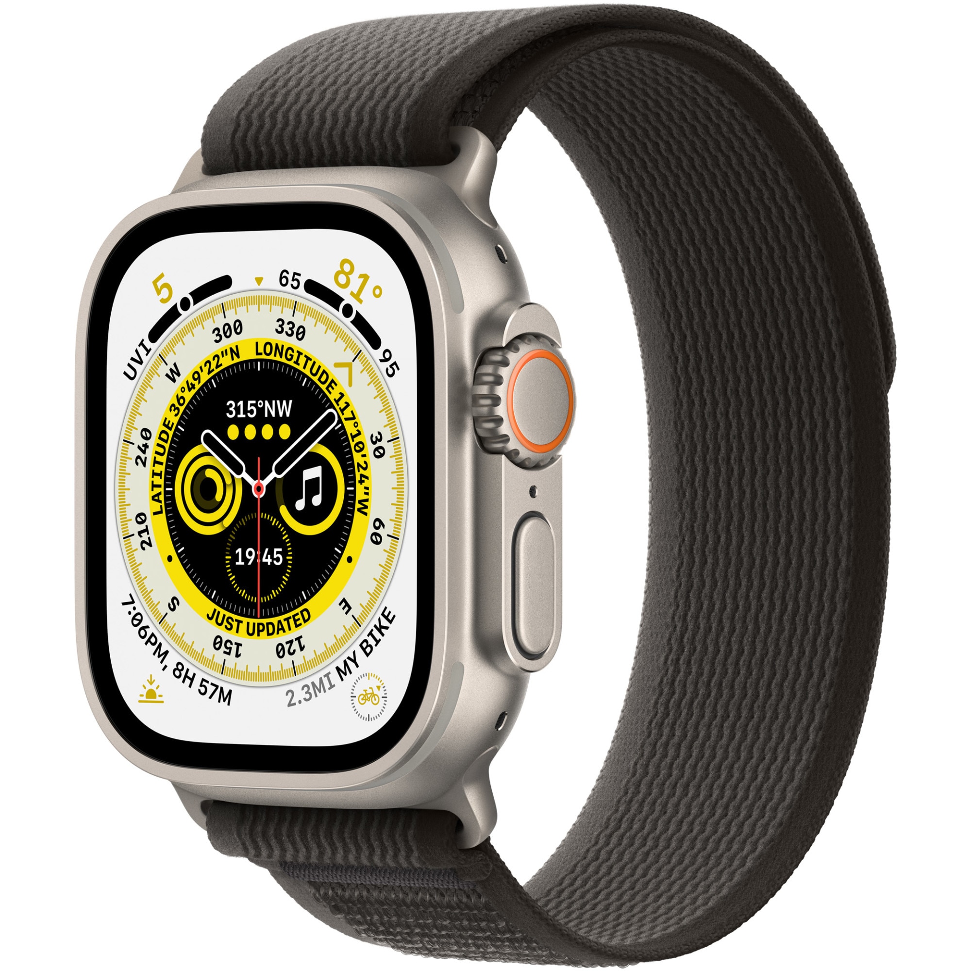 Fotografie Apple Watch Ultra, GPS, Cellular, Carcasa Titanium 49mm, Black/Gray Trail Loop - M/L