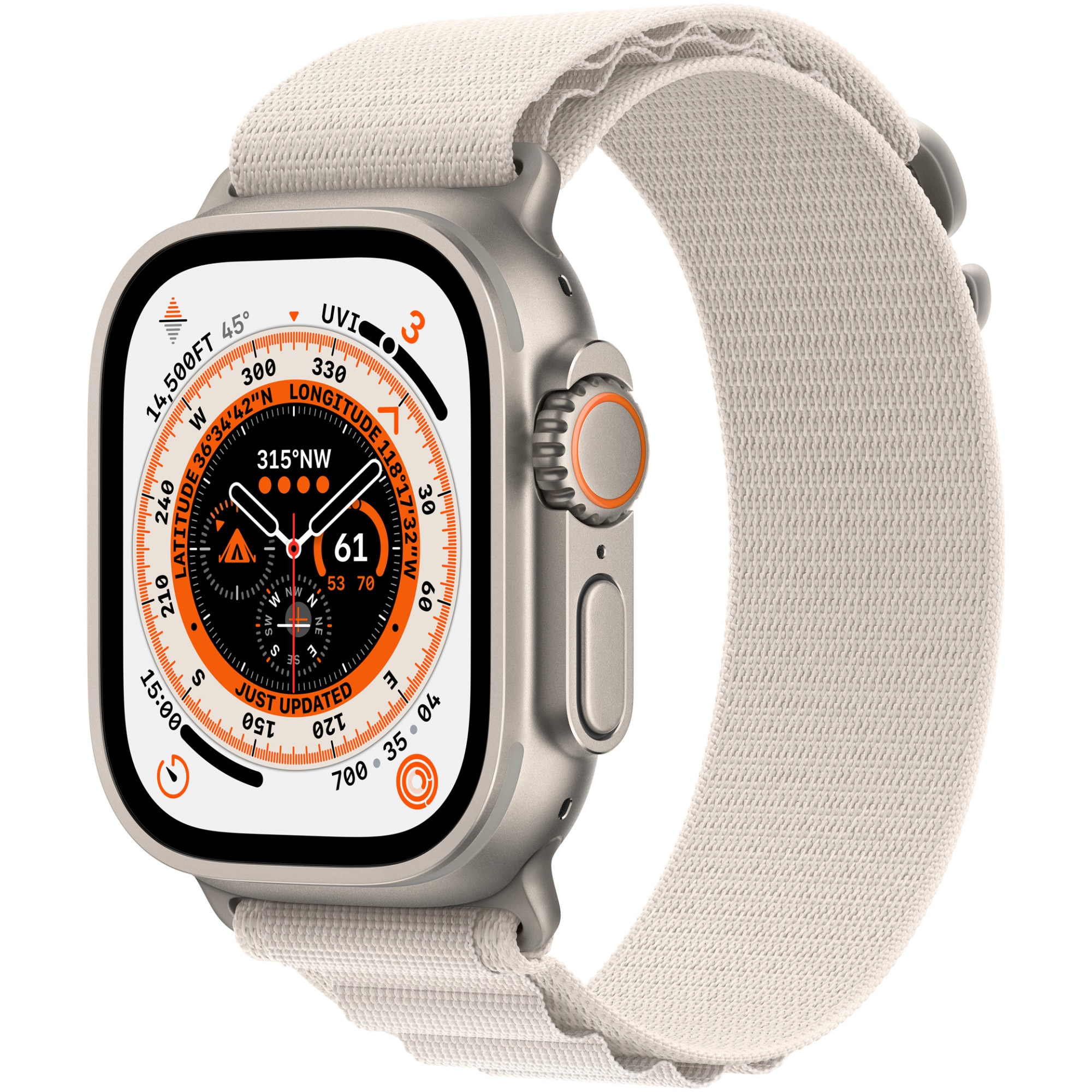 Fotografie Apple Watch Ultra, GPS, Cellular, Carcasa Titanium 49mm, Starlight Alpine Loop, Medium