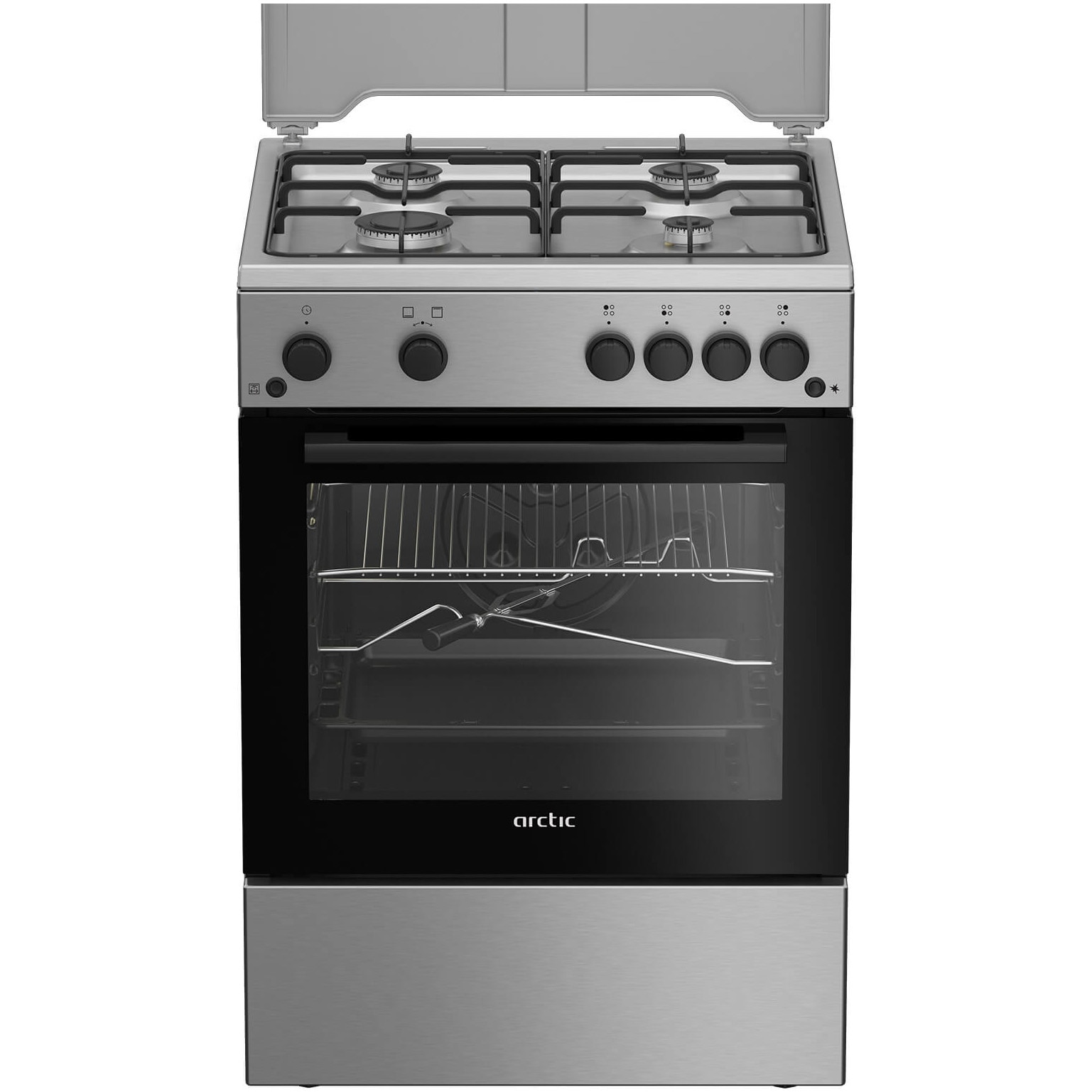 Fotografie Aragaz Arctic ABGG6611DTTLX, Gaz, 4 arzatoare, Safety Plus, Grill gaz, Timer, Aprindere electrica plita/cuptor, Arzatoare gaz, 60 cm, Inox
