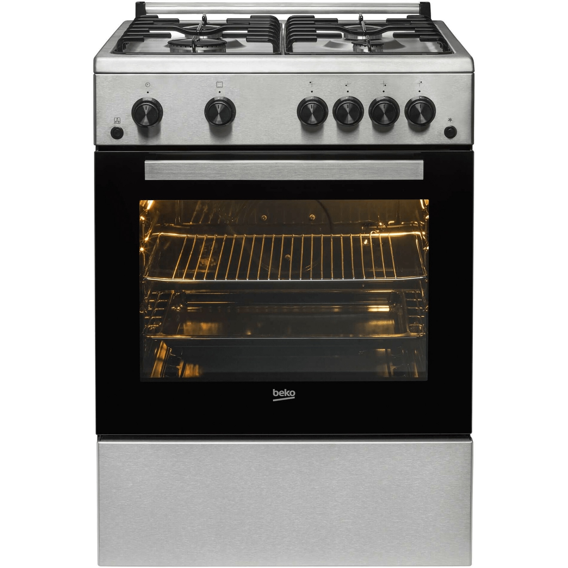 Fotografie Aragaz Beko FBGT62110DXO, Gaz, 4 arzatoare, Aprindere electrica plita/cuptor, Grill, Rotisor, Timer, 60 cm, Inox