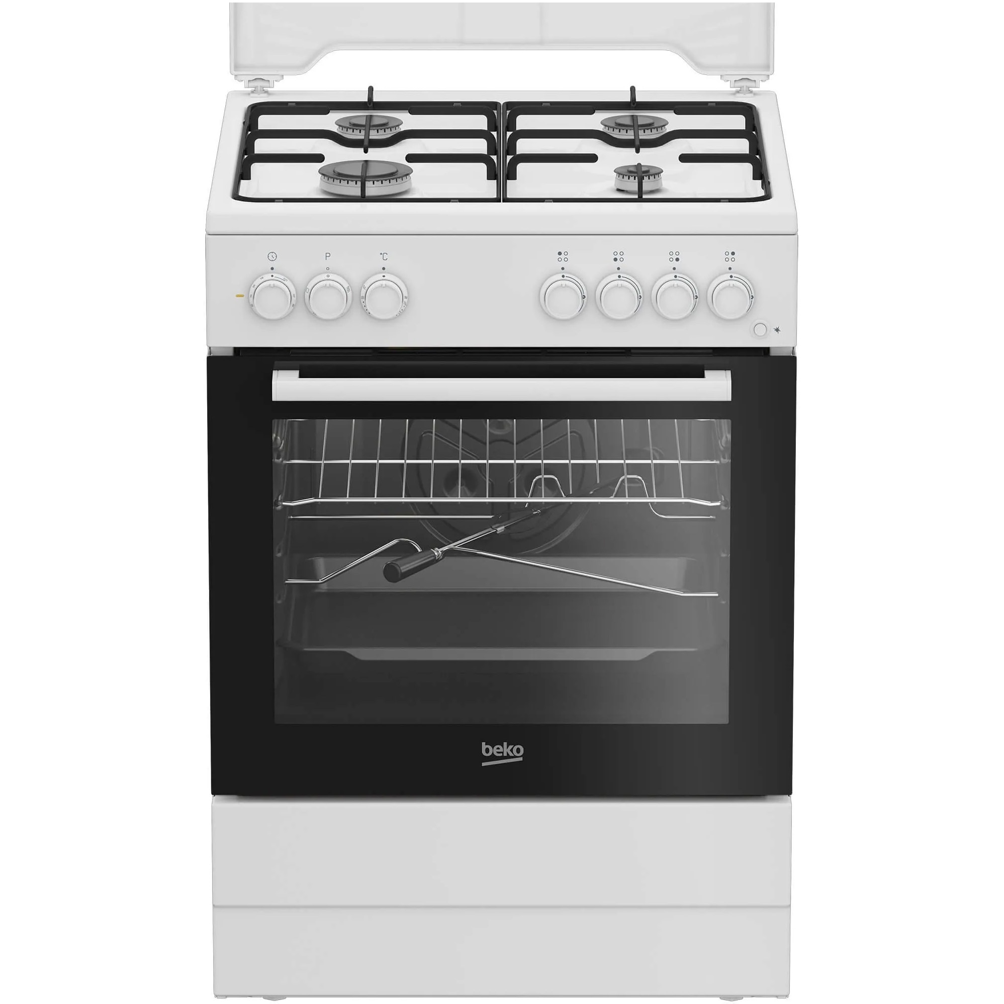 Fotografie Aragaz Beko FBST62110DW, Mixt, 4 arzatoare, Aprindere electrica, Grill, Rotisor, Clasa A, 60 cm, Alb