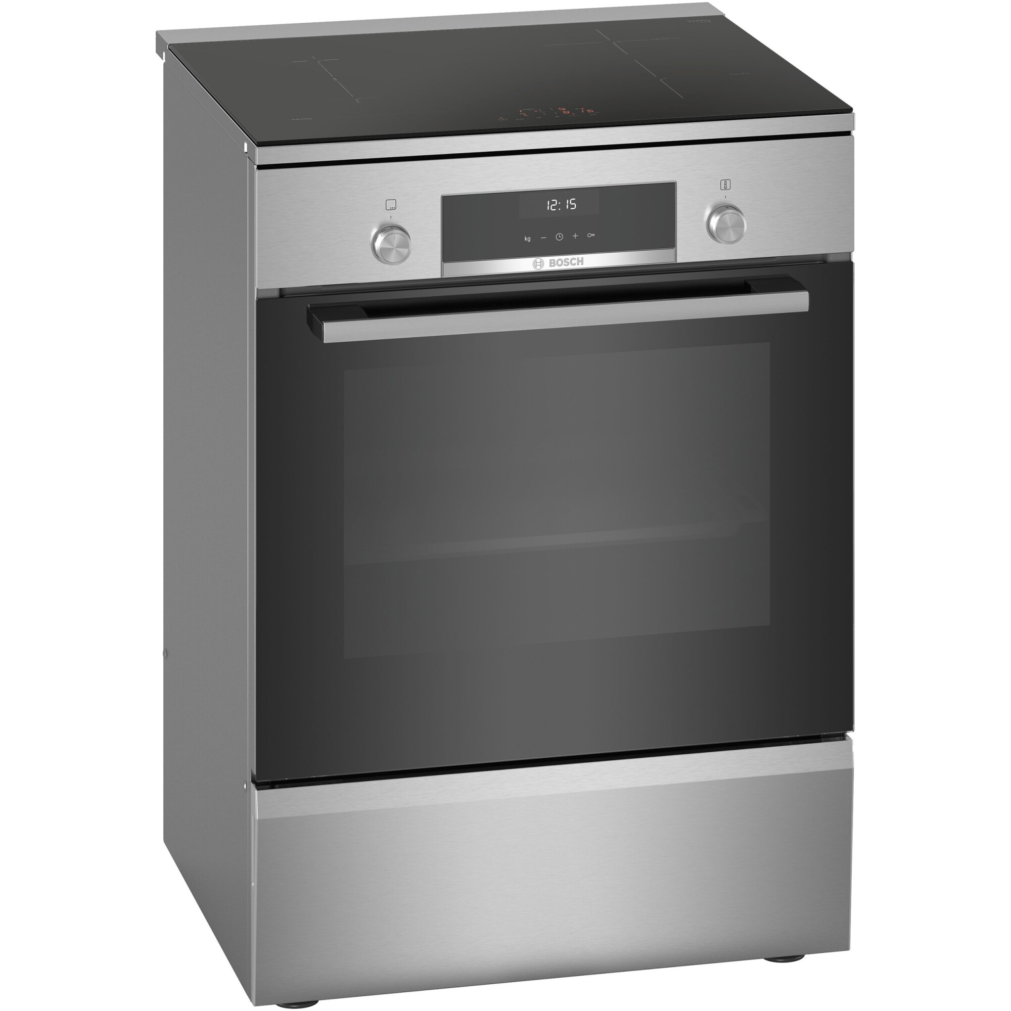Fotografie Aragaz Bosch HLS59D351, Electric, Plita inductie, 4 zone gatit , Control electronic, Cuptor electric, 66 L, Grill, Autocuratare EcolClean + hidrolitica, 3D Hotair, 2 suporti telescopici, sertar depozitare, Timer, 60 cm, Inox