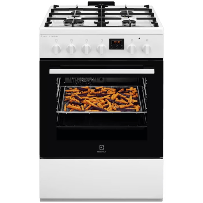 Fotografie Aragaz Electrolux LKK660220W, Mixt, 4 arzatoare , Siguranta plita, Aprindere integrata, Cuptor electric, Plus Steam, AirFry, Timer, Grill electric, Clasa A, 60 cm, Alb