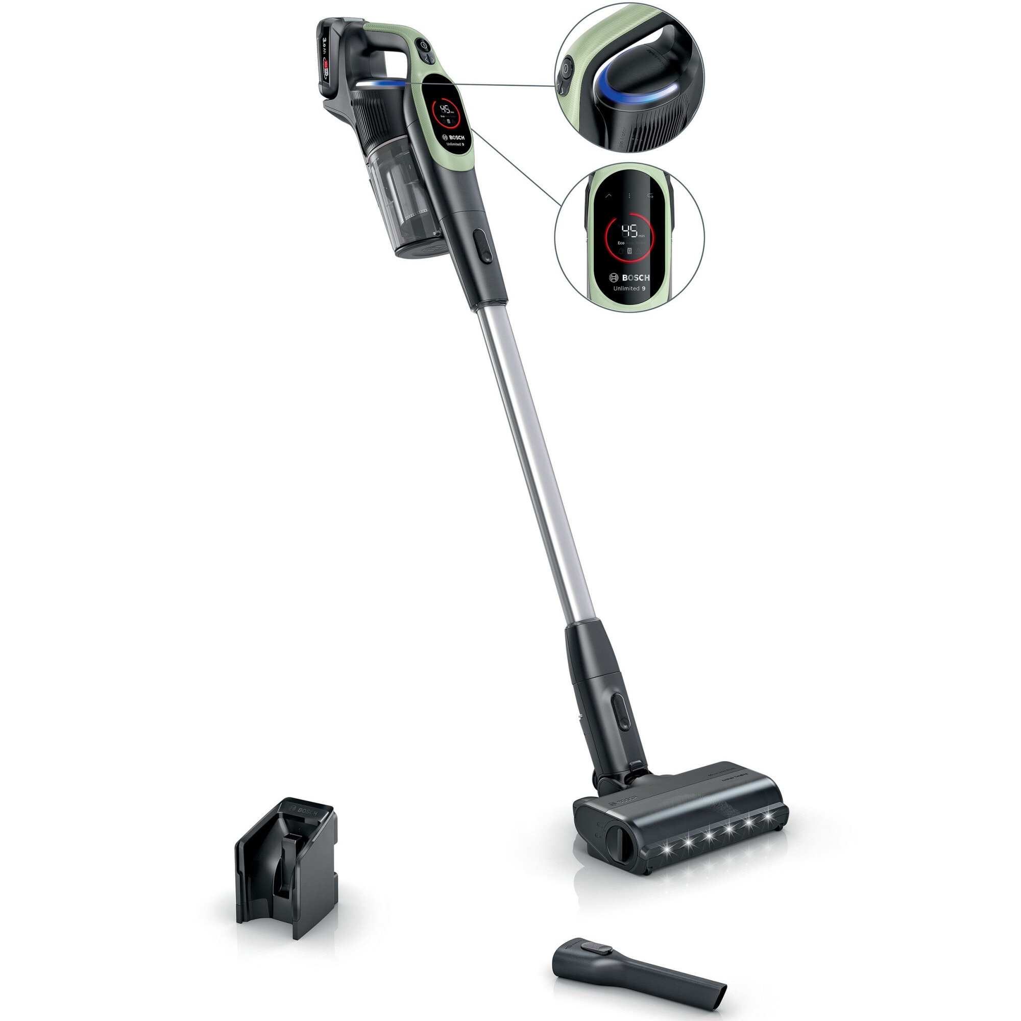 Fotografie Aspirator cu acumulatori Bosch Unlimited 9 BBS921TBA, baterie 3 Ah, 3 moduri de curatare, Perie MicroClean cu sistem anti incurcare par, 99.9% aspirare praf, duza spatii inguste, Senzor MicroClean, Autonomie pana la 60 min. Verde