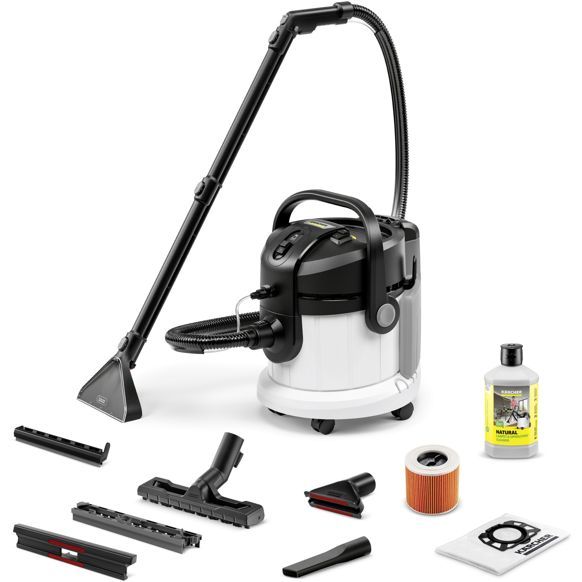 Fotografie Aspirator cu spalare 3in1 Karcher SE 4 N1 1.081-155.0, 1000 W, cu functie de curatare prin injectie extractie si aspirare umeda si uscata, potrivit pentru curatarea covoarelor si textilelor, alb