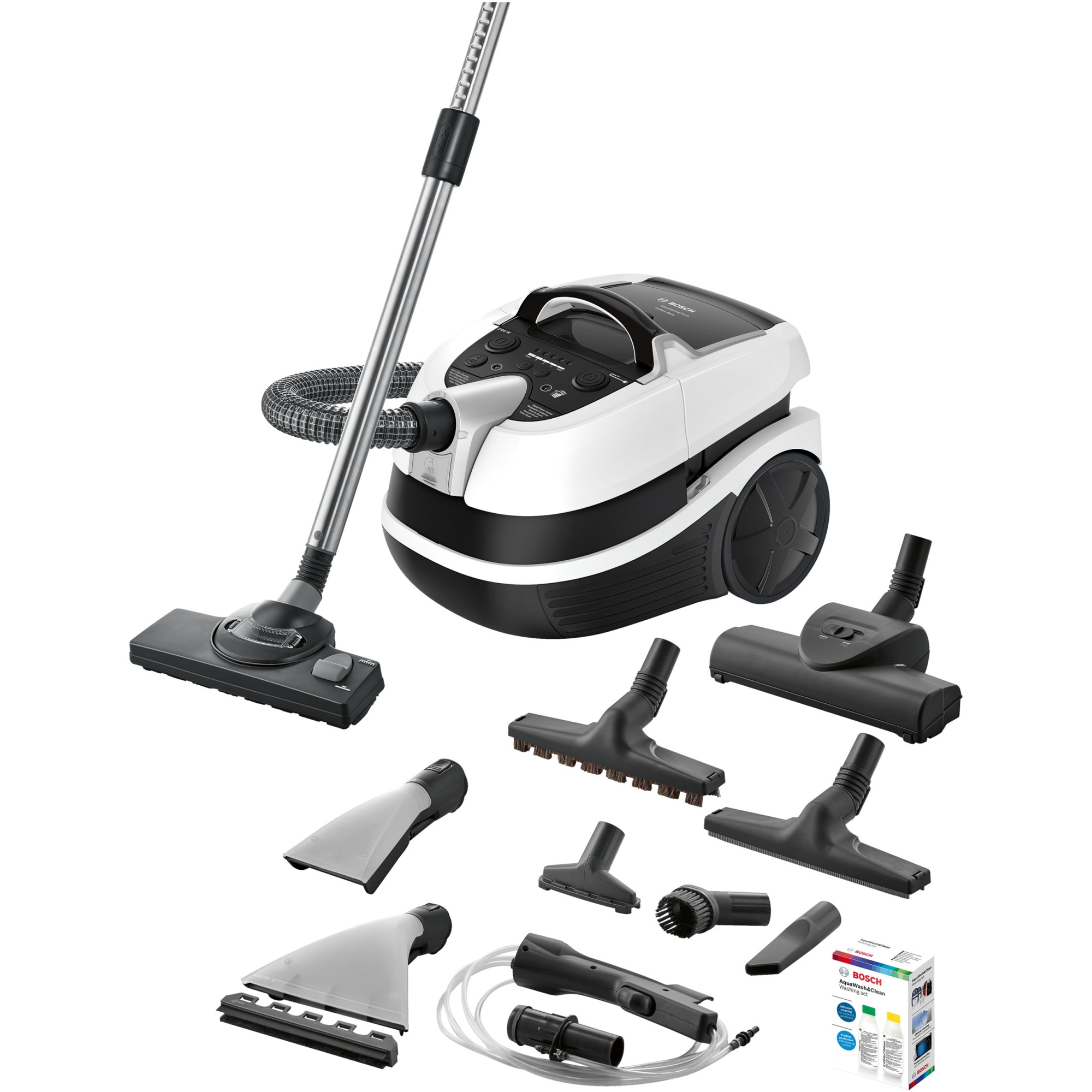 Fotografie Aspirator cu spalare Bosch BWD421PRO, 2100 W, Filtru Hepa, Perii Turbo si parchet, Reglare electronica a puterii, Alb/Negru