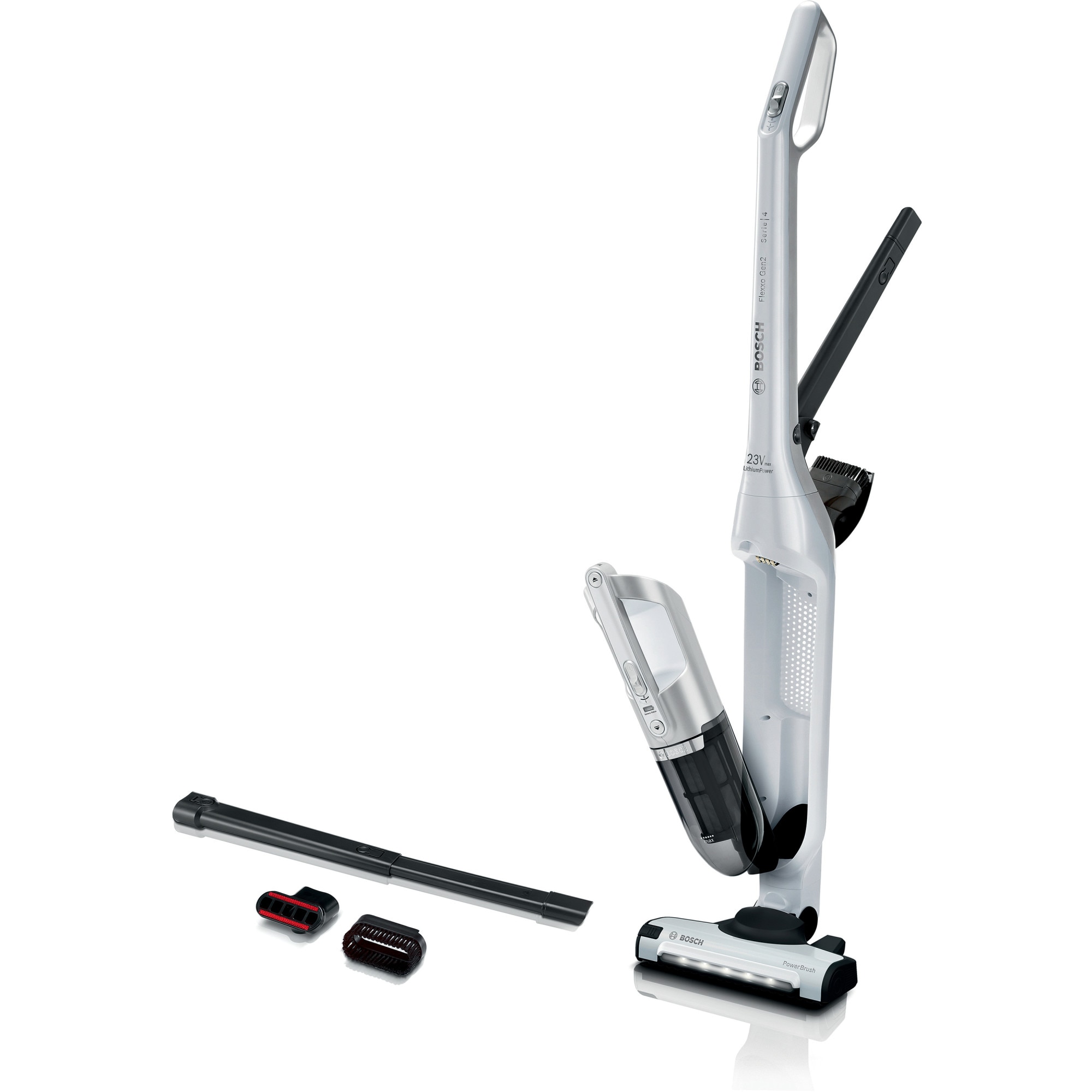 Fotografie Aspirator vertical 2 in 1 cu acumulator Bosch BCH3P2301, Flexxo Gen2 23Vmax, 0.4 l, 2 trepte de putere, 10.62 Kwh/an, Perie AllFloor Power cu LED-uri, Autonomie 50 minute, Alb