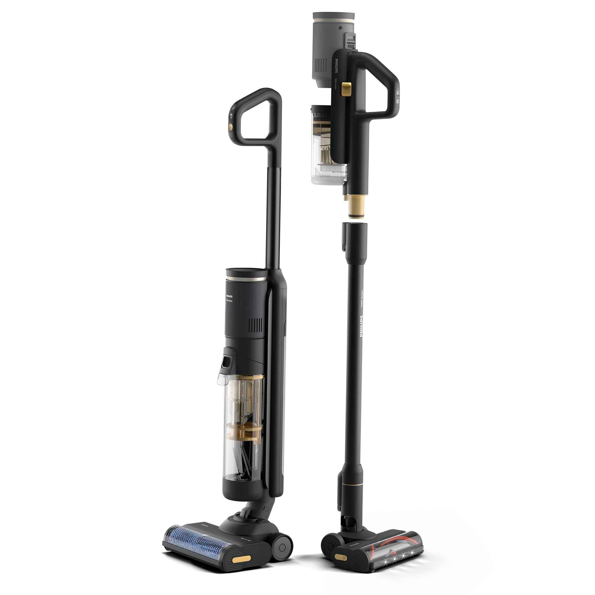 Fotografie Aspirator vertical 3-in-1 Philips AQUA TRIO seria 7000 XW7264/11, tehnologie Aqua Spin 2500, perie rotativa-se curata singura in timpul utilizarii, tavita pentru auto-curatare, accesoriu pentru tapiterie/spatii inguste, mini perie turbo