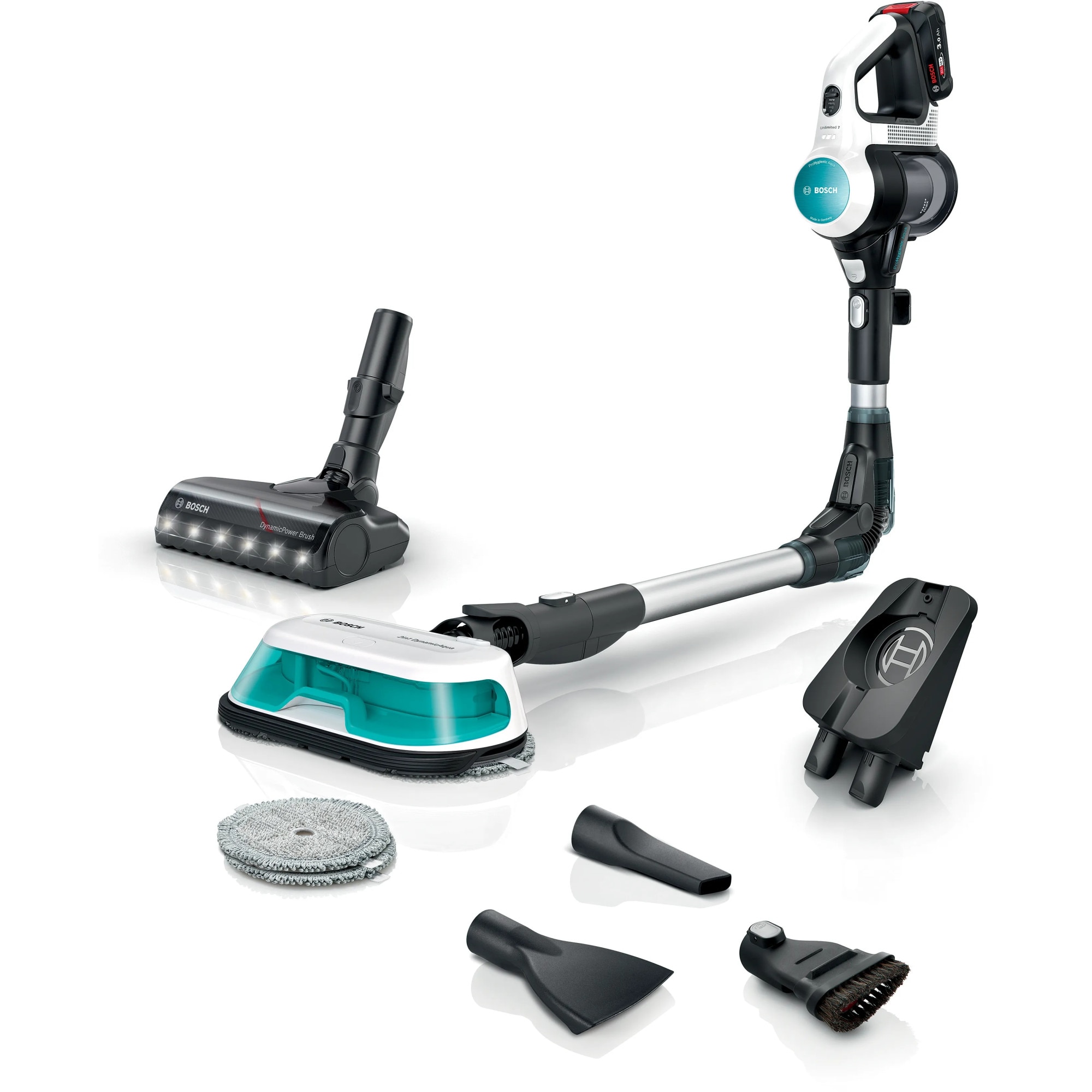 Fotografie Aspirator vertical Bosch Unlimited 7 ProHygienic Aqua BCS71HYG2 cu functie mop, baterie 3 Ah, 3 trepte de putere, Perie AllFloor DynamicPower cu LED-uri, 2 in1 DynamicAqua Mop: asipiri si stergi in acelasi timp, Automated Water Dosage, Alb