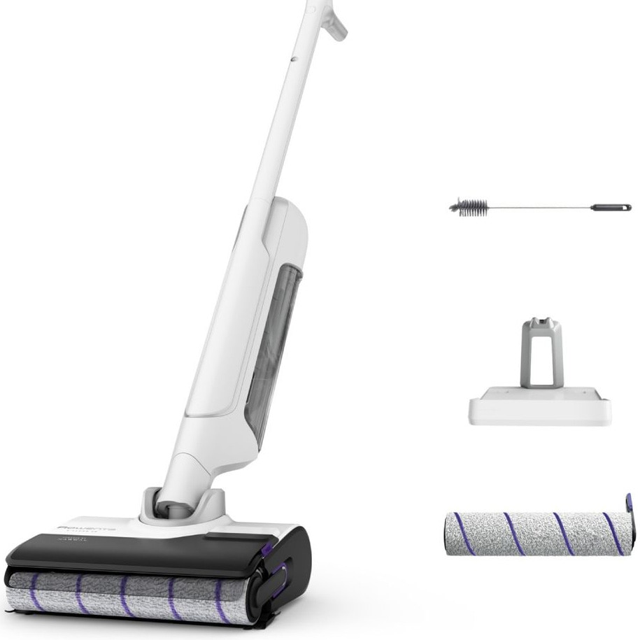 Fotografie Aspirator vertical fara fir cu spalare Rowenta X-Clean 10 GZ7540WO, 200W, 550 RPM, pana la 60 min autonomie, ecran LED, functie uscare & autocuratare, baza de incarcare cu suport accesorii, compatibil cu detergenti, alb & argintiu