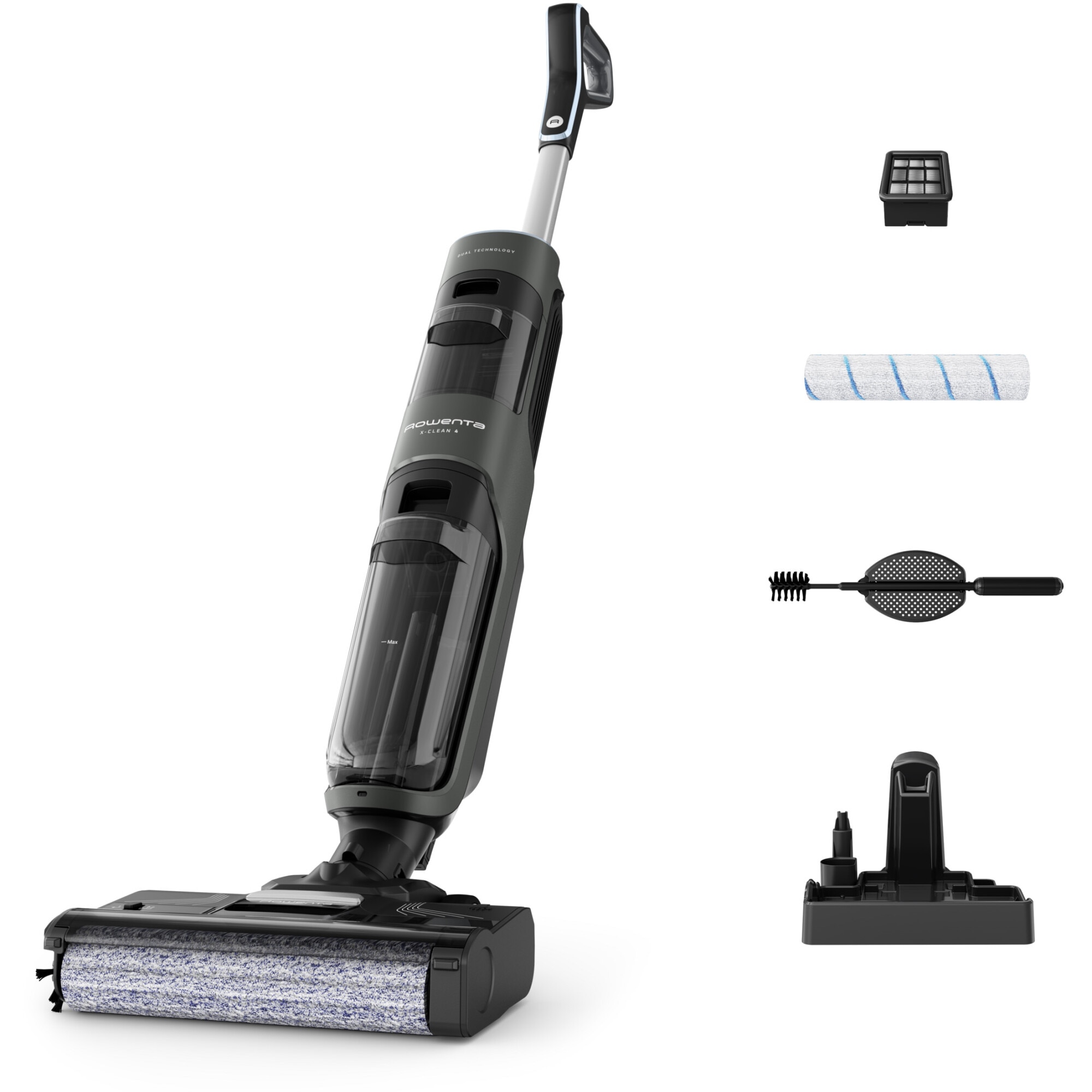 Fotografie Aspirator vertical fara fir cu spalare Rowenta X-Clean 4 GZ5037WO, 200W, 425 RPM, pana la 50 min autonomie, ecran LED, functie autocuratare, baza de incarcare cu suport accesorii, compatibil cu detergent, gri & negru