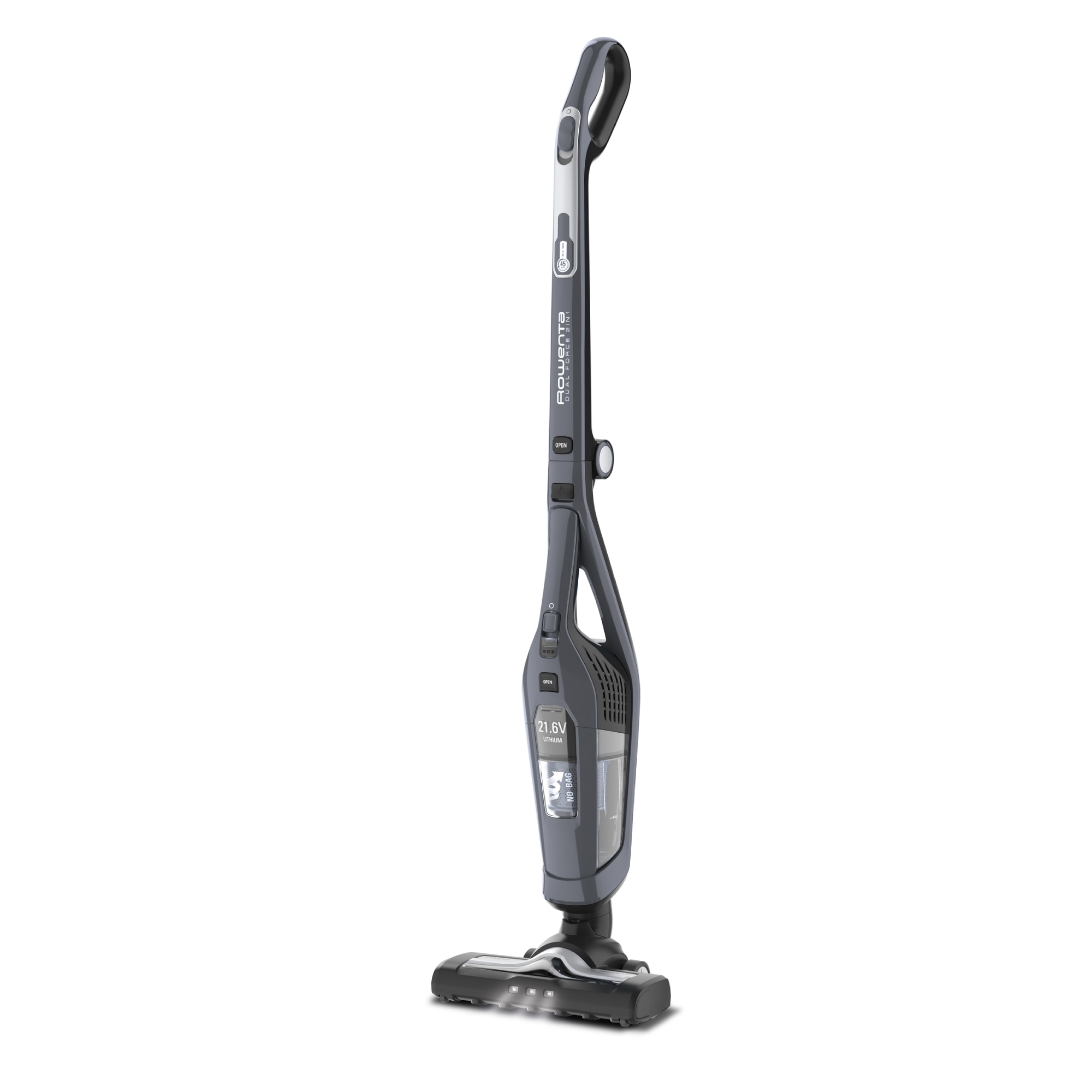 Fotografie Aspirator vertical fara fir Rowenta Dual Force 2 in 1 RH6756WO, 48W, 21.6V, 0.6L, autonomie 75 min, perie de aspirare cu LED rotativa, maner pliabil, gri