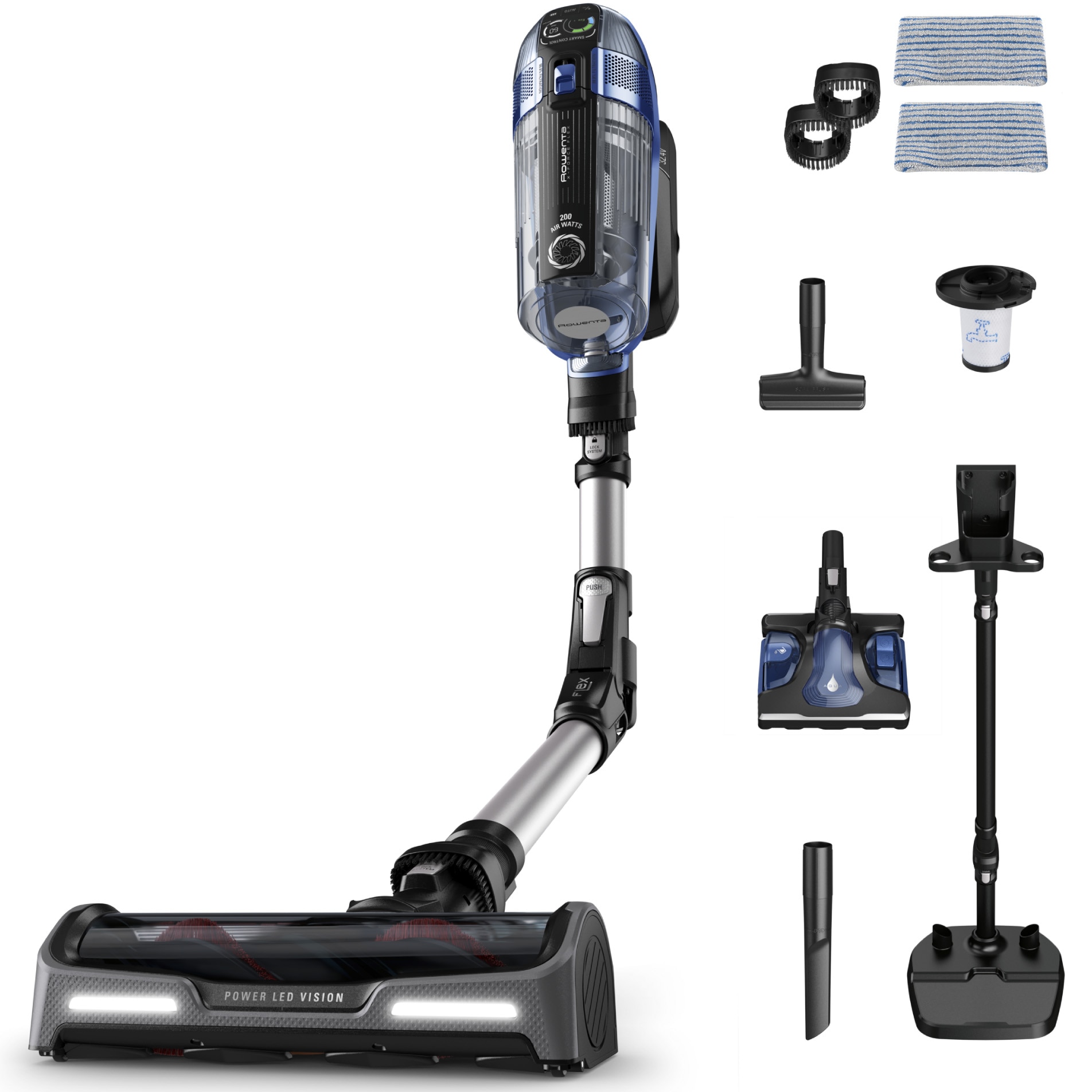 Fotografie Aspirator vertical fara fir Rowenta X-Force Flex 14.60 Aqua RH99C3WO cu mop, 480W, 32.4V, autonomie 70 min, filtrare 99.9%, recipient praf 0.9 L, tub flexibil, perie cu LED, panou digital SmartControl, statie de incarcare cu suport accesorii, gri&albastru
