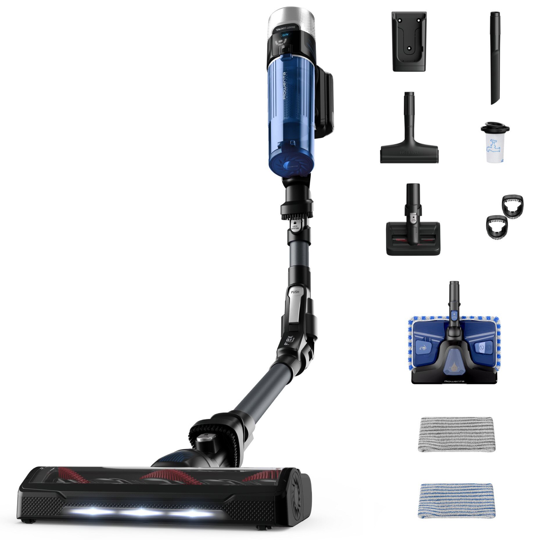 Fotografie Aspirator vertical fara fir Rowenta X-Force Flex 9.60 Aqua RH20C7WO cu functie de mop, 250W, 18.5V, autonomie 45 min, filtrare 99.9%, recipient praf 0.44 L, tub flexibil, perie cu LED, panou SmartControl, suport de perete cu incarcare, gri & albastru