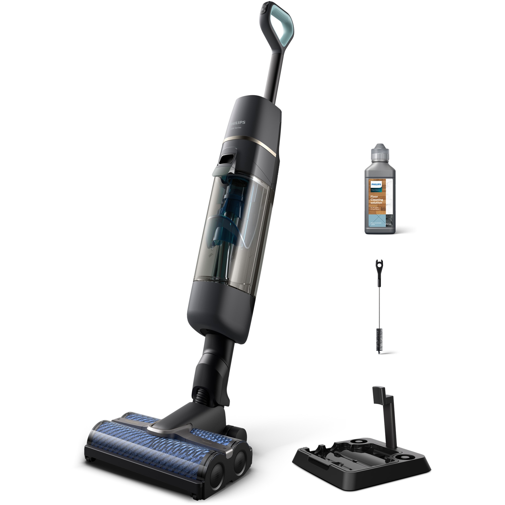 Fotografie Aspirator vertical fara fir, umed si uscat Philips seria 7000,XW7110/01, Tehnologie AquaSpin, Perii rotative de mare viteza cu auto-curatare, Sistem Aqua Diffusione, 3 moduri de curatare, Design flexibil, Statie post-curatare si de depozitare, negru