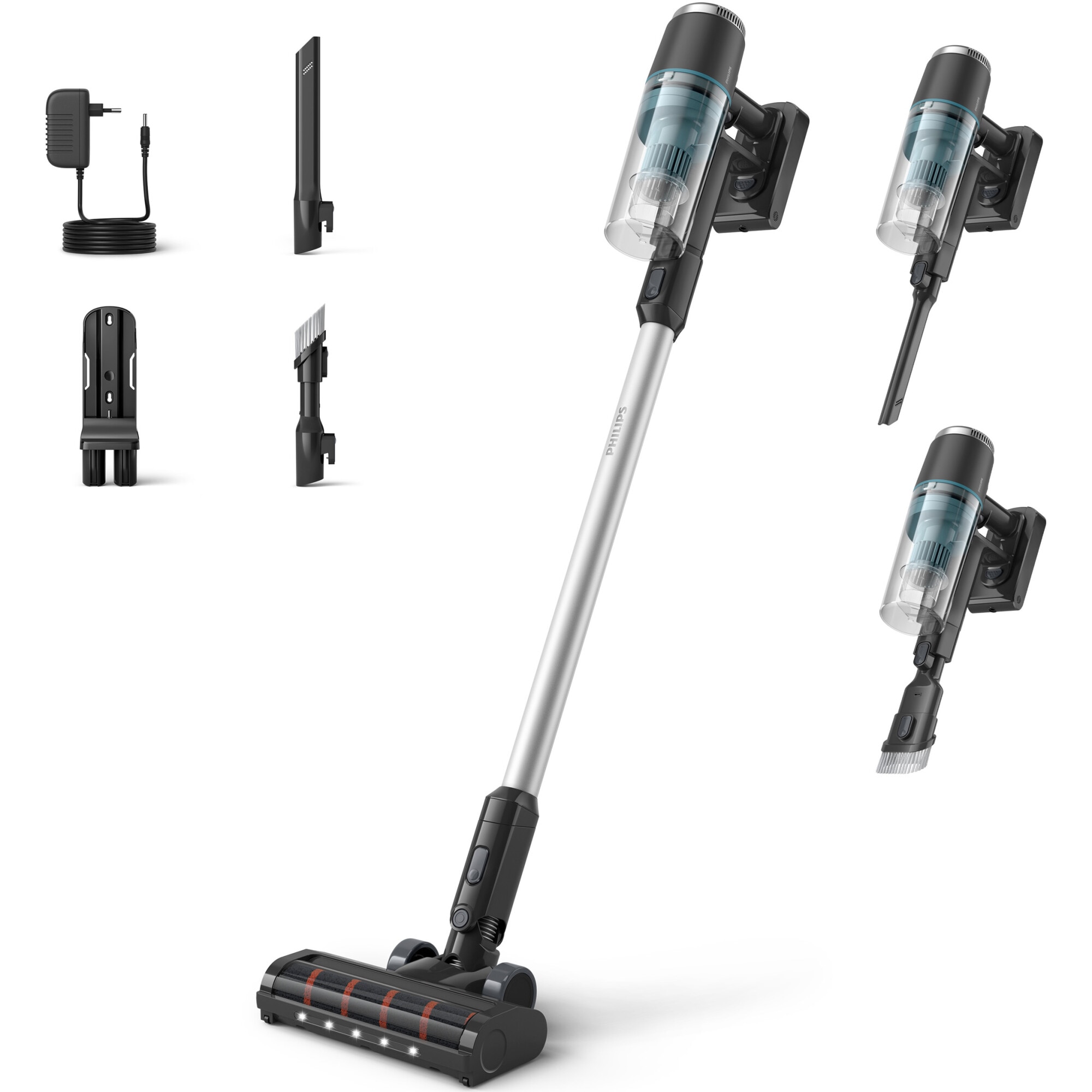 Fotografie Aspirator vertical Philips XC3031/01, seria 3000, sistem de filtrare in 3 etape, autonomie 60 de minute, cap de aspirare cu LED, negru/argintiu