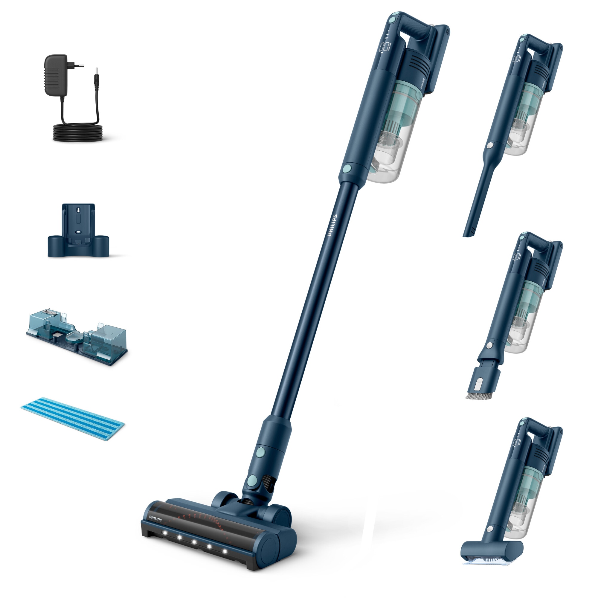 Fotografie Aspirator vertical Philips XC5141/01 Aqua Seria 5000, 25.2V, durata de functionare pana la 60 min, sistem de filtrare in 3 etape, lumini LED, afisaj digital, baterie detasabila, Albastru