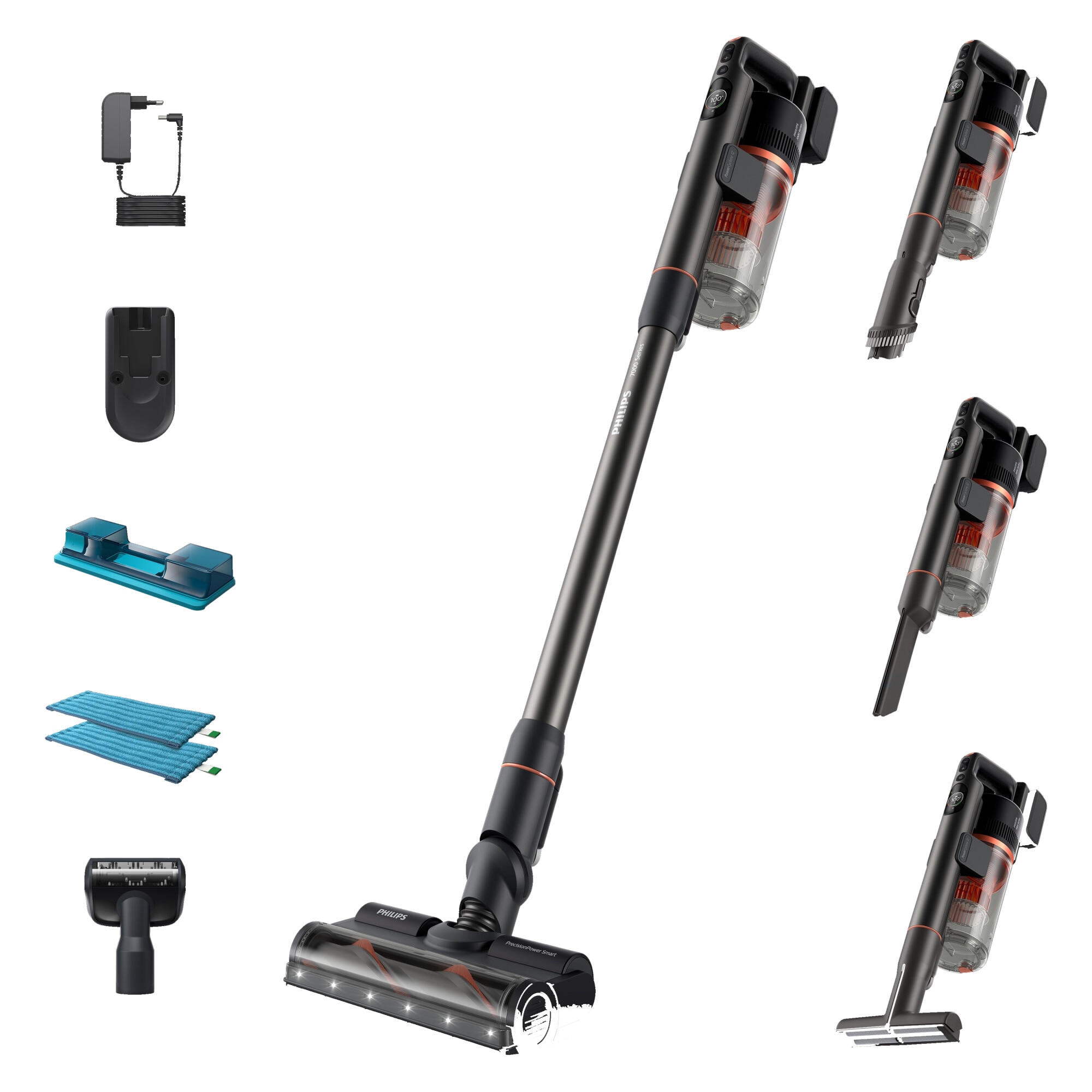 Fotografie Aspirator vertical Philips XC7055/01, Aqua Seria 7000, 25.2V, durata de functionare pana la 80 min, sistem de filtrare in 5 etape, lumini LED, afisaj digital, 4 accesorii