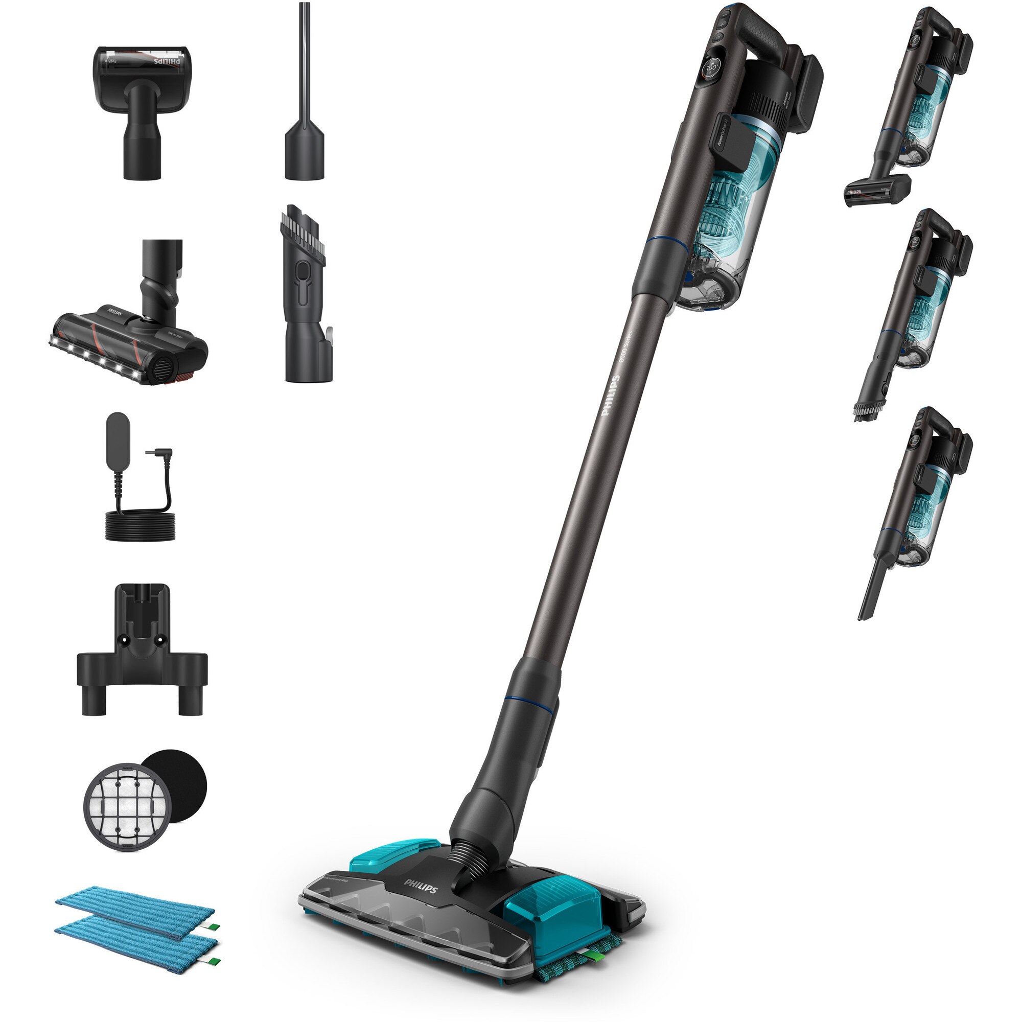 Fotografie Aspirator vertical Philips XC8155/01 seria 8000, autonomie pana la 80 min, cap de aspirare si mop Aqua Plus, accesoriu spatii inguste cu LED, cap de aspirare PetPro, filtru suplimentar,1 laveta microfibra, suport statie de incarcare
